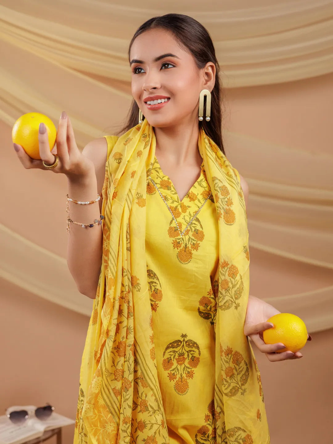 Yufta Mustard Floral_Print Pure Cotton A-Line Kurta Dupatta Set