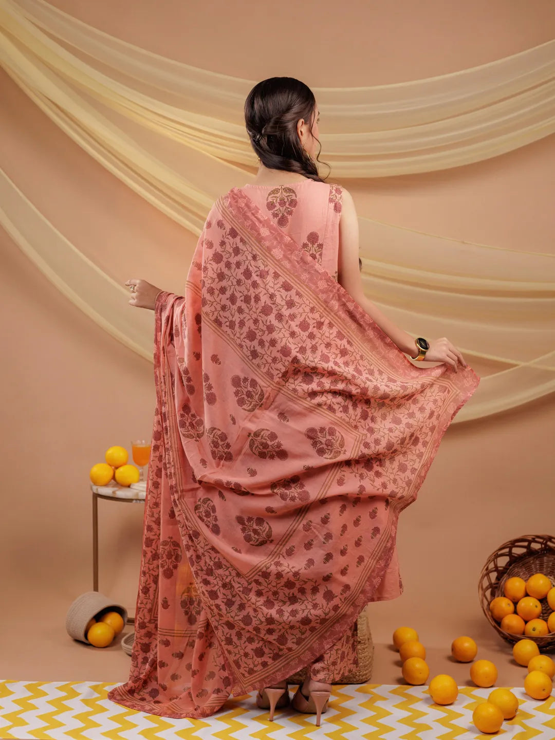 Yufta Peach Floral_Print Pure Cotton A-Line Kurta Dupatta Set