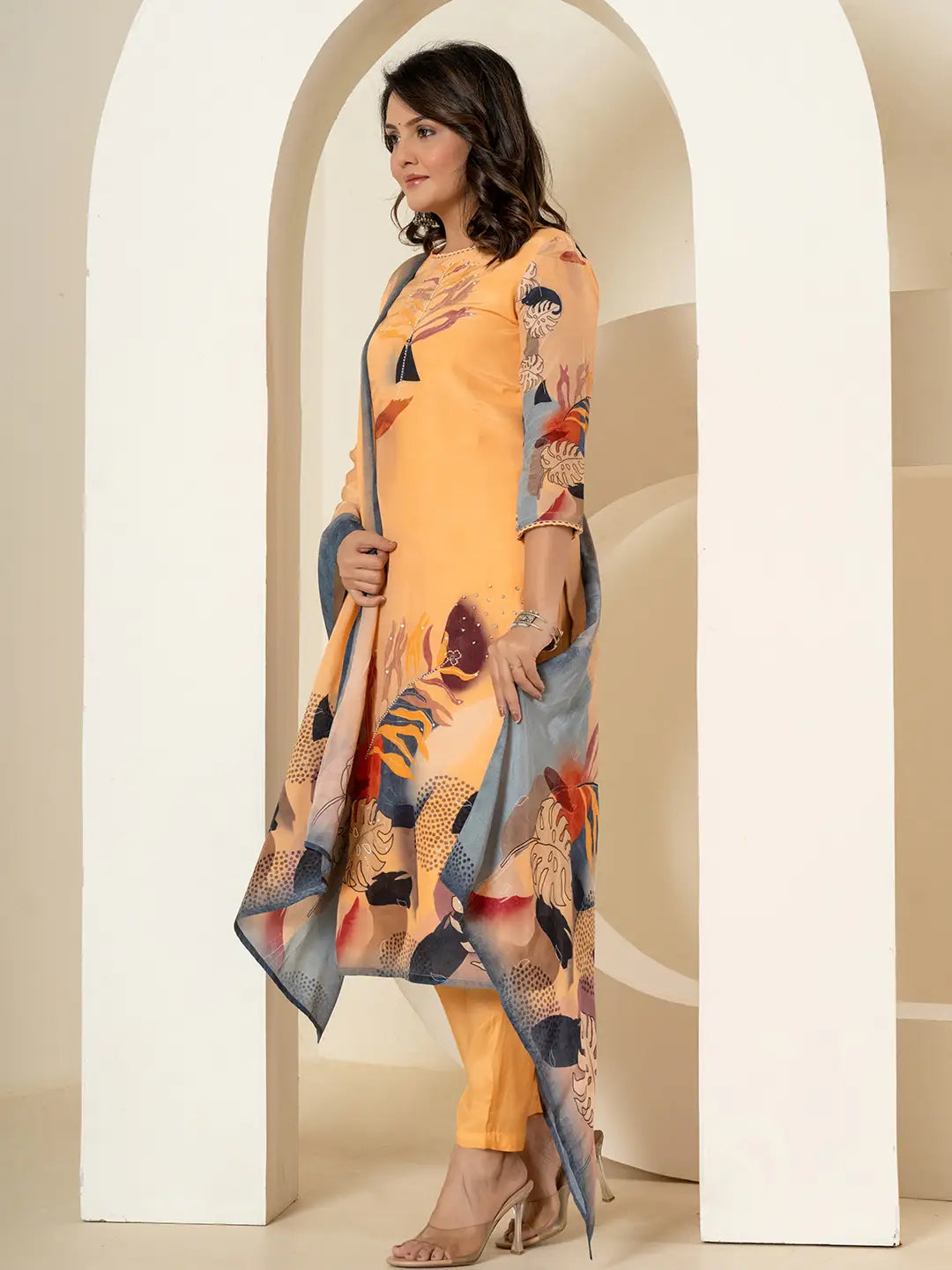 Yufta Orange Pure Crepe Placement Print Kurta Dupatta Set