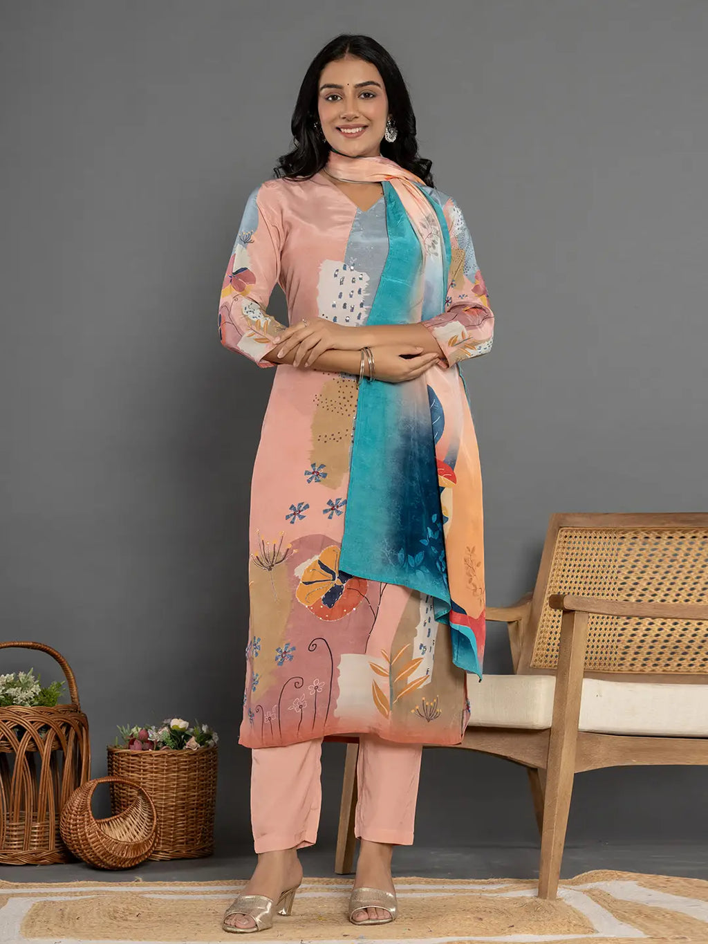 Yufta Multi Pure Crepe Placement Print Kurta Dupatta Set