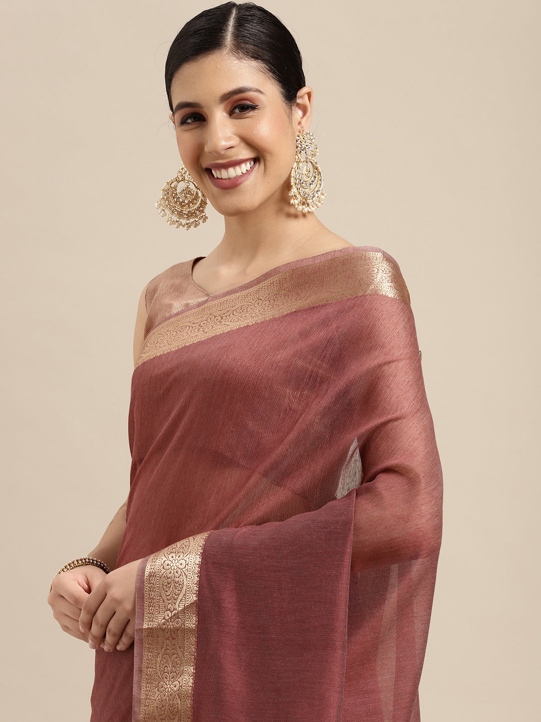 Saree Mall Mauve & Gold Solid Linen Blend Taant Saree
