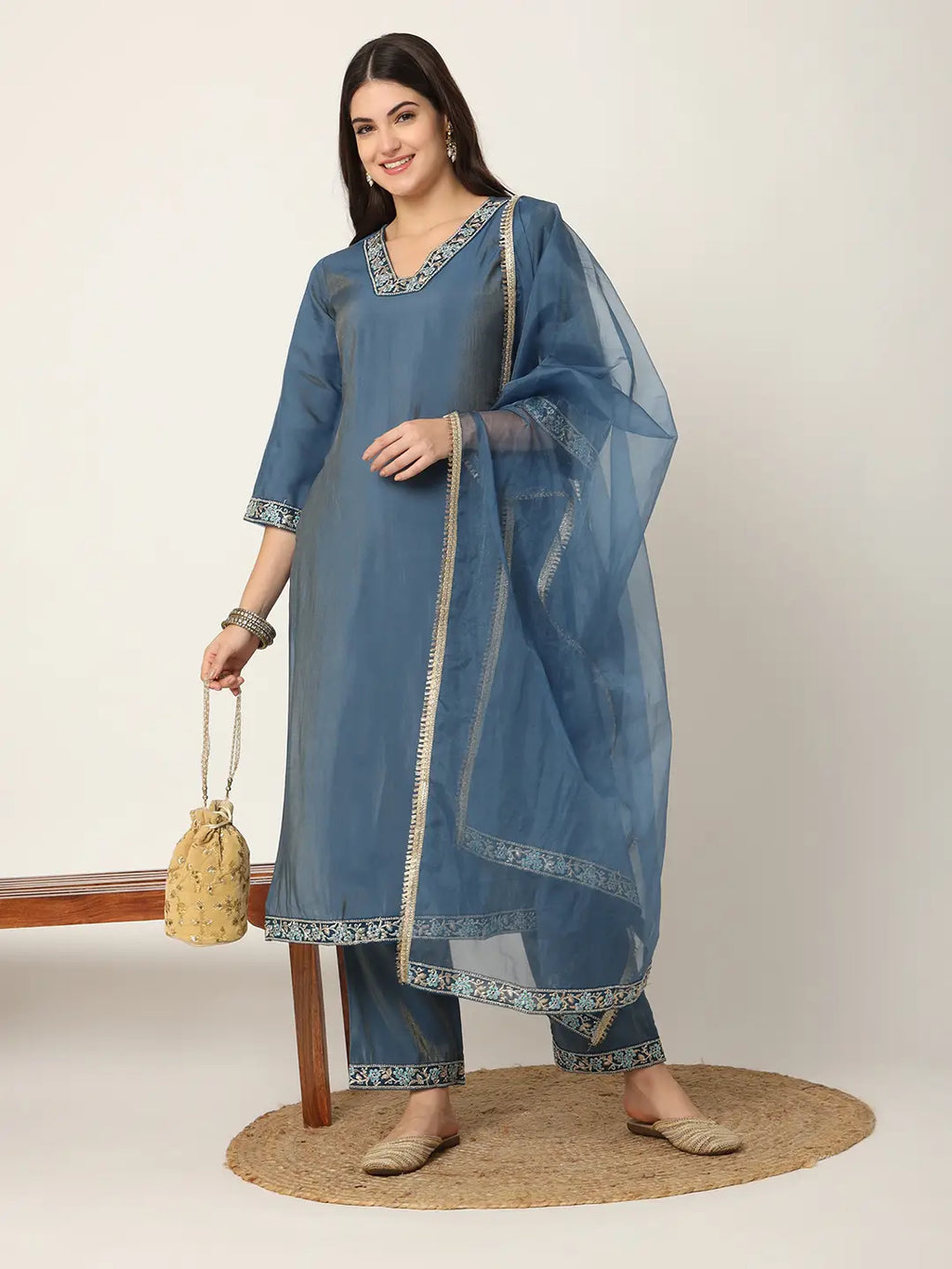 Yufta Blue Roman Silk Zari-Work On Yoke Straight Kurta Dupatta Set