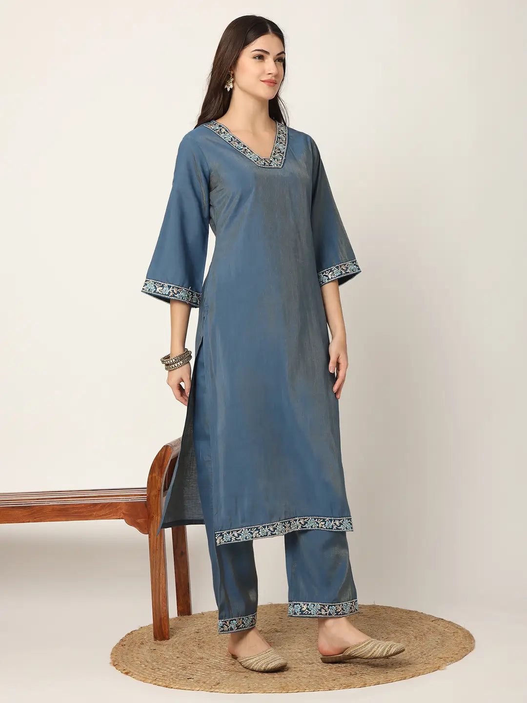 Yufta Blue Roman Silk Zari-Work On Yoke Straight Kurta Dupatta Set