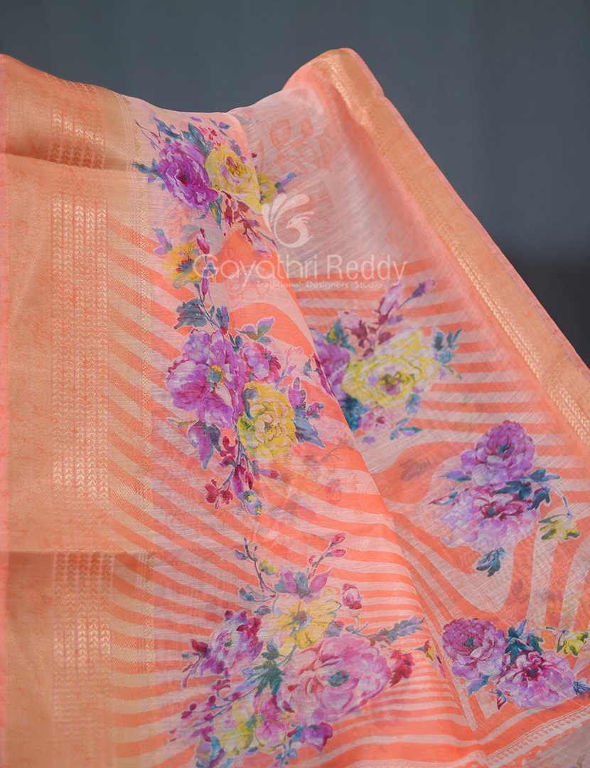 Shades of Light Peach With Floral Print Semi Chanderi Saree By Gayathri Reddy Designer Studio
