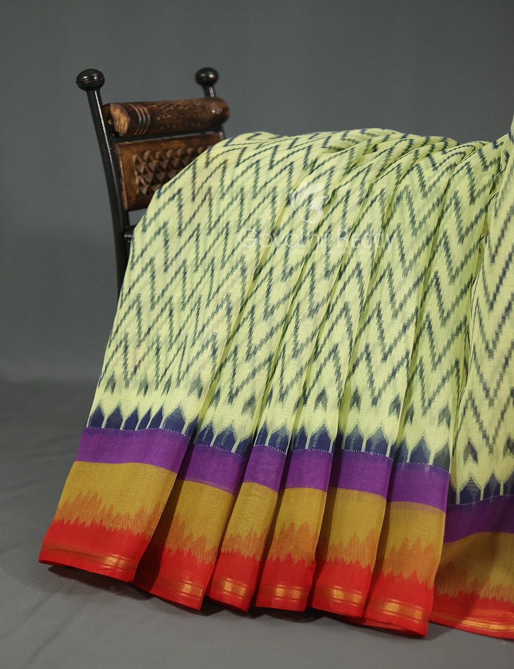 Shades of Light Apple Green And Orange Colour Blouse Ikat Design Semi Chanderi Saree By Gayathri Reddy Designer Studio