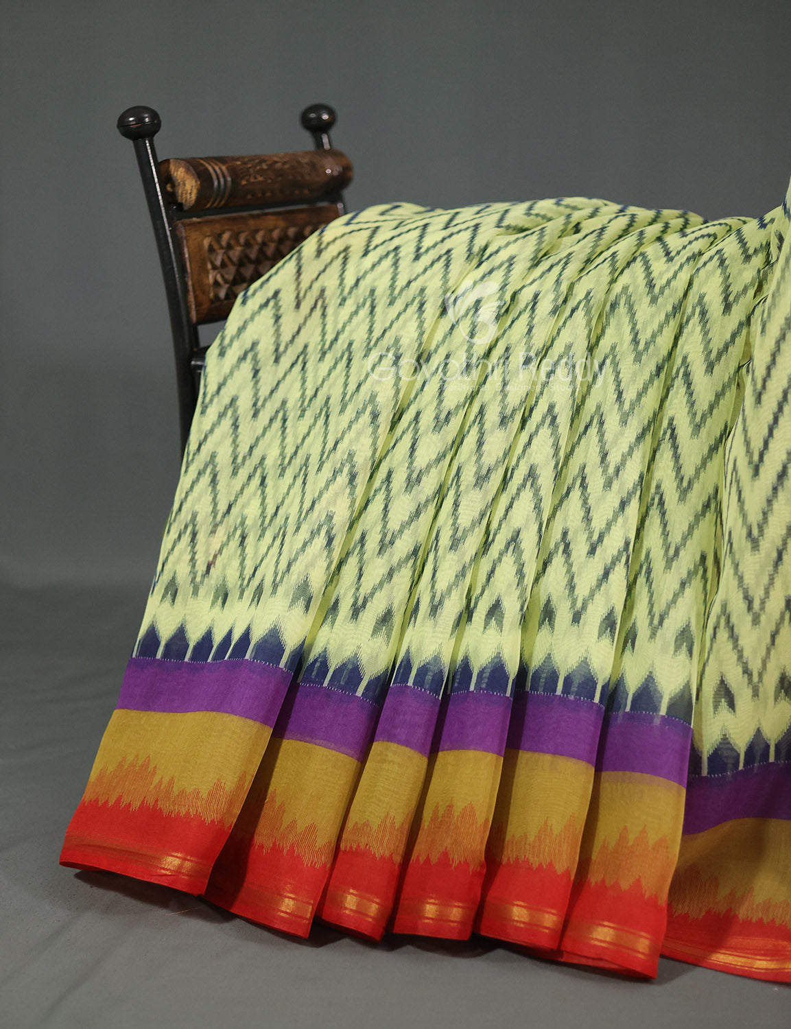 Shades of Light Apple Green And Orange Colour Blouse Ikat Design Semi Chanderi Saree By Gayathri Reddy Designer Studio