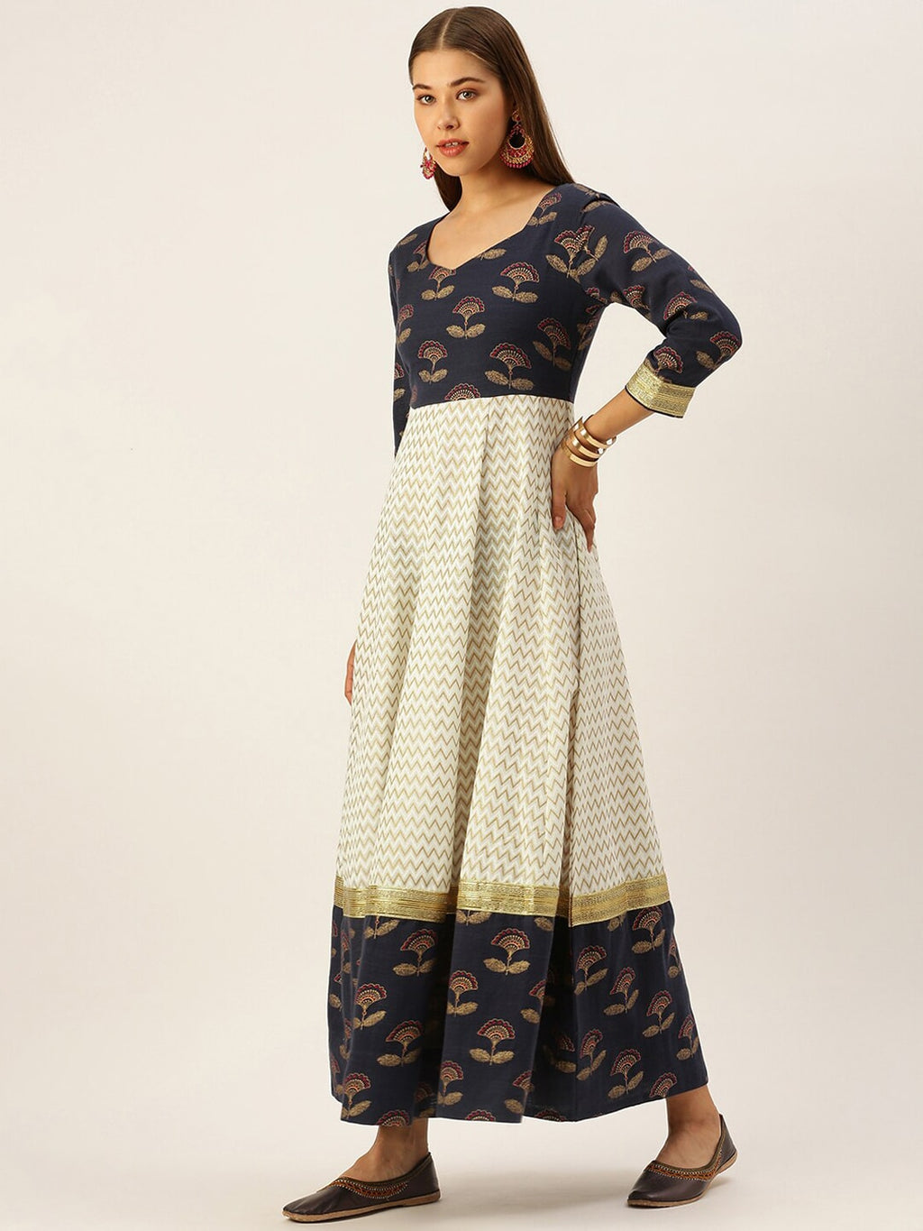HERE&NOW Women Blue & Cream-Coloured Ethnic Motifs Printed Anarkali Kurta With Dupatta