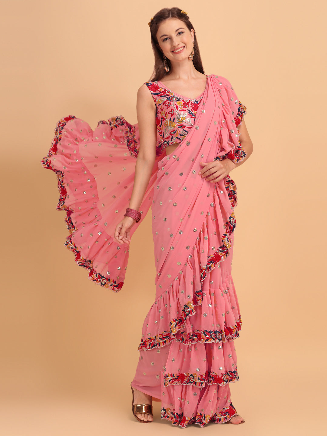 Lorenvalley Fashion Peach Faux Georgette Ruffle Saree with Fancy Sequence work & Blouse