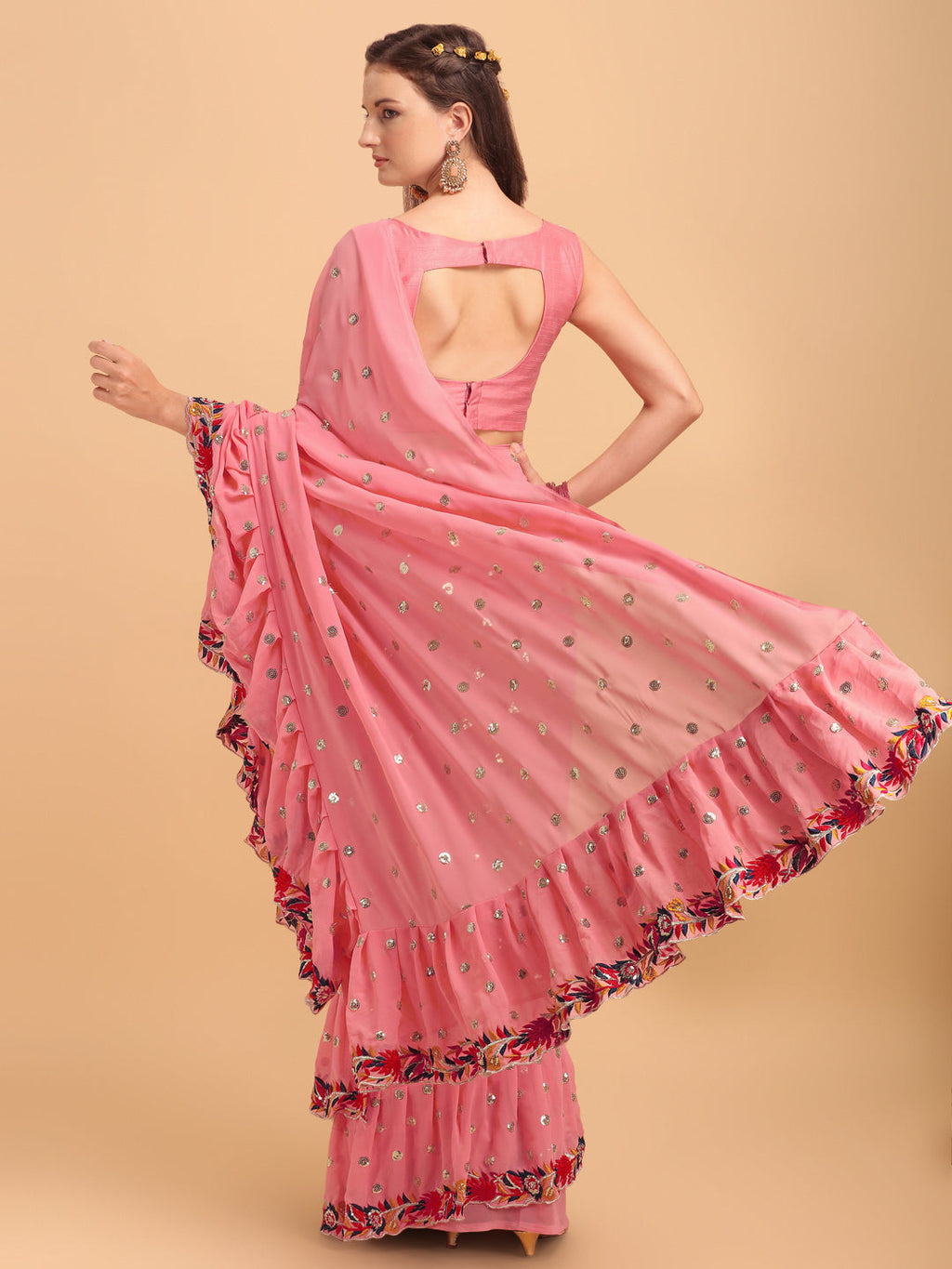 Lorenvalley Fashion Peach Faux Georgette Ruffle Saree with Fancy Sequence work & Blouse