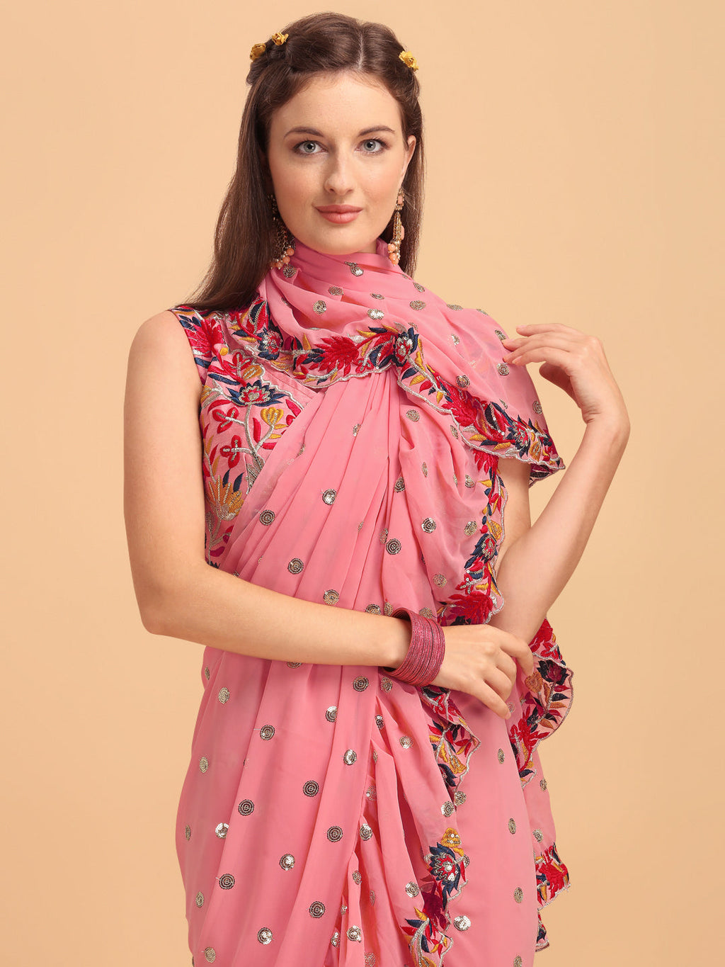 Lorenvalley Fashion Peach Faux Georgette Ruffle Saree with Fancy Sequence work & Blouse