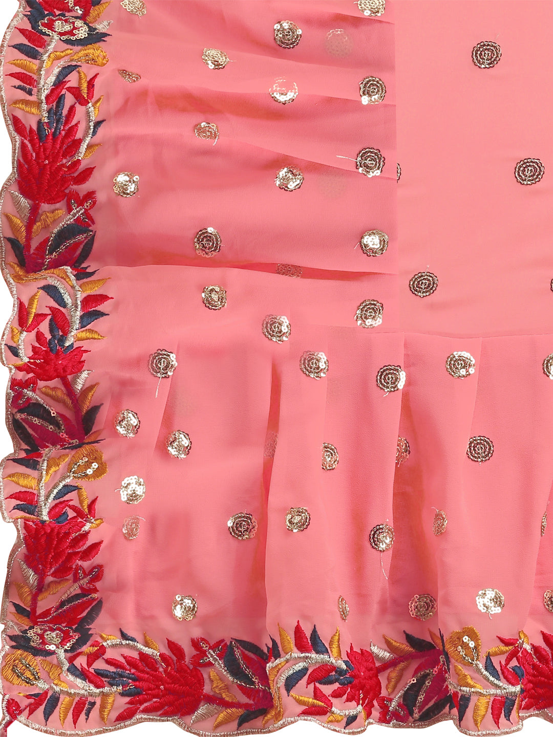 Lorenvalley Fashion Peach Faux Georgette Ruffle Saree with Fancy Sequence work & Blouse