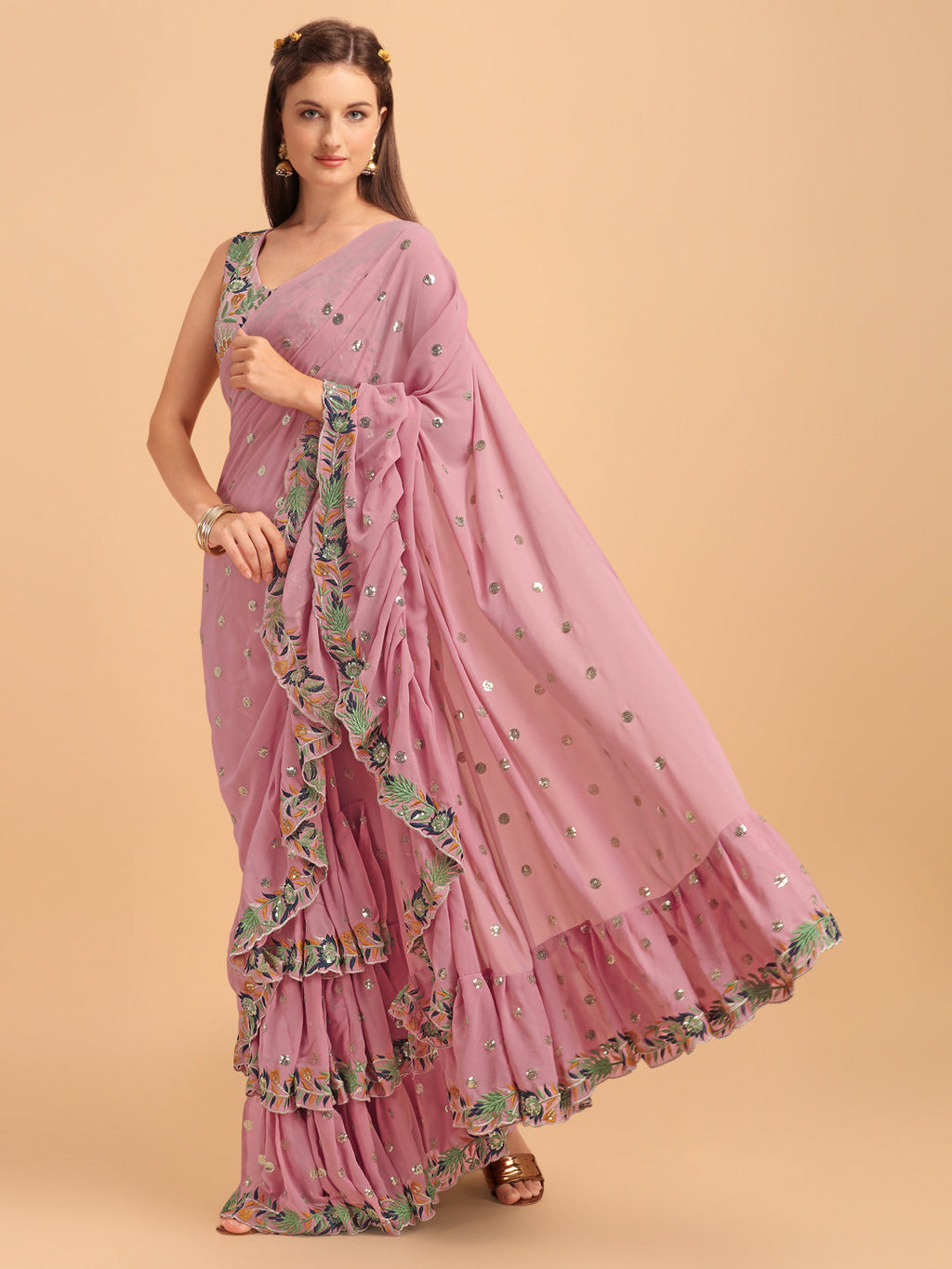 Lorenvalley Fashion Pink Faux Georgette Ruffle Saree with Fancy Sequence work & Blouse