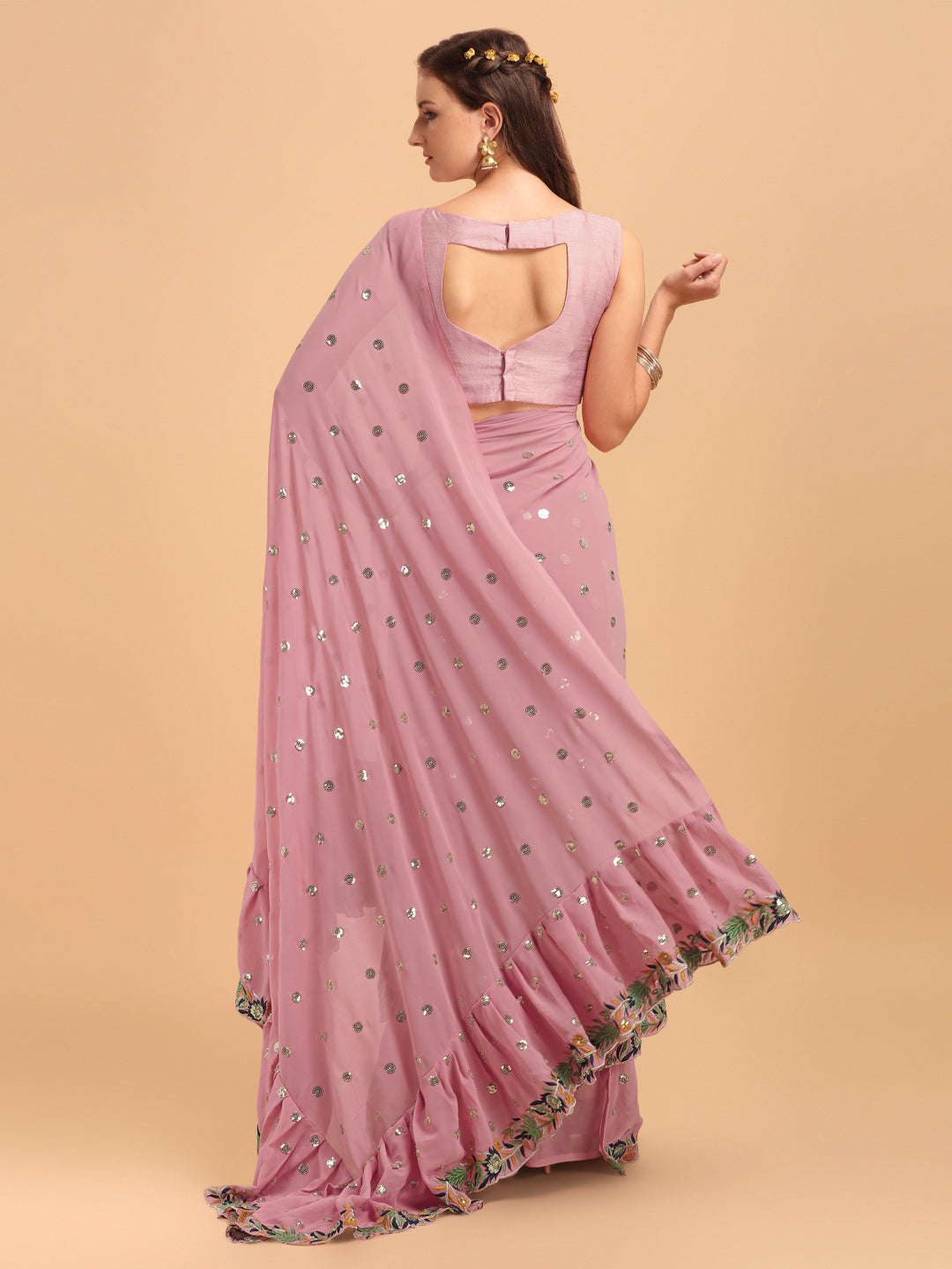 Lorenvalley Fashion Pink Faux Georgette Ruffle Saree with Fancy Sequence work & Blouse