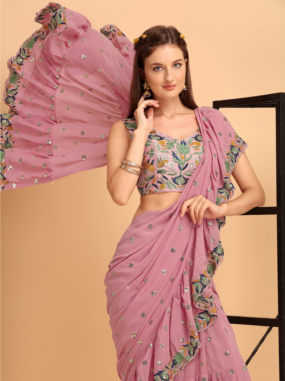 Lorenvalley Fashion Pink Faux Georgette Ruffle Saree with Fancy Sequence work & Blouse