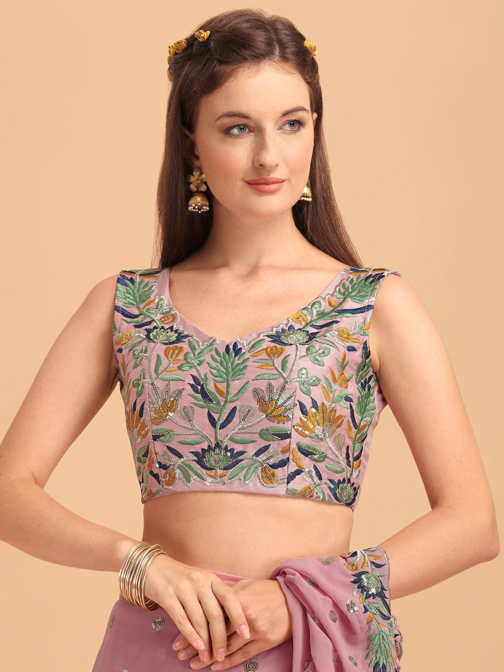 Lorenvalley Fashion Pink Faux Georgette Ruffle Saree with Fancy Sequence work & Blouse