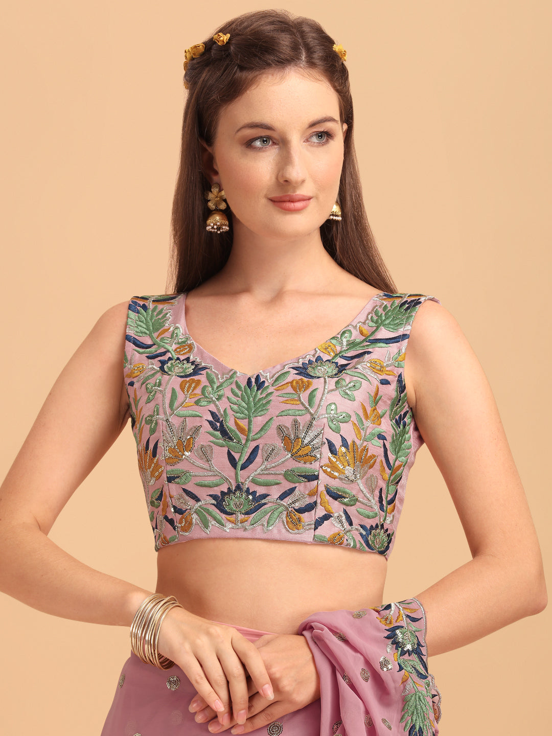 Lorenvalley Fashion Pink Faux Georgette Ruffle Saree with Fancy Sequence work & Blouse