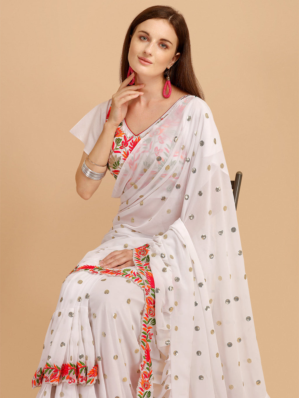 Lorenvalley Fashion White Faux Georgette Ruffle Saree with Fancy Sequence work & Blouse