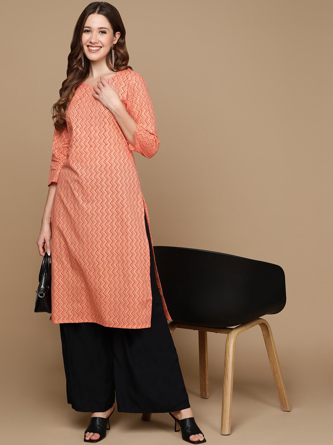 HERE&NOW Peach-Color & Red Chevron Printed Beads Pure Cotton Kurta