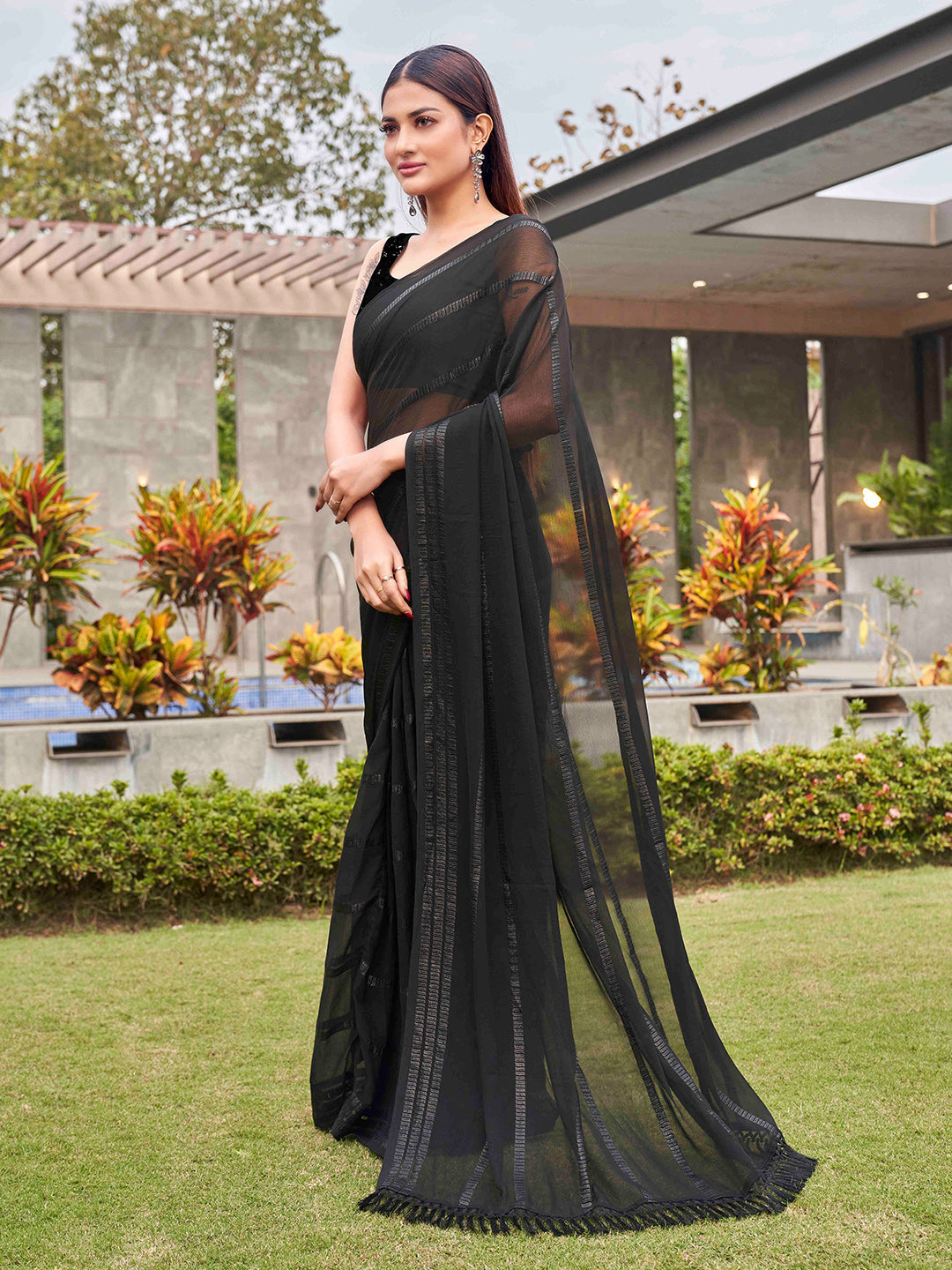Tikhi Imli Black Striped Sequinned Saree