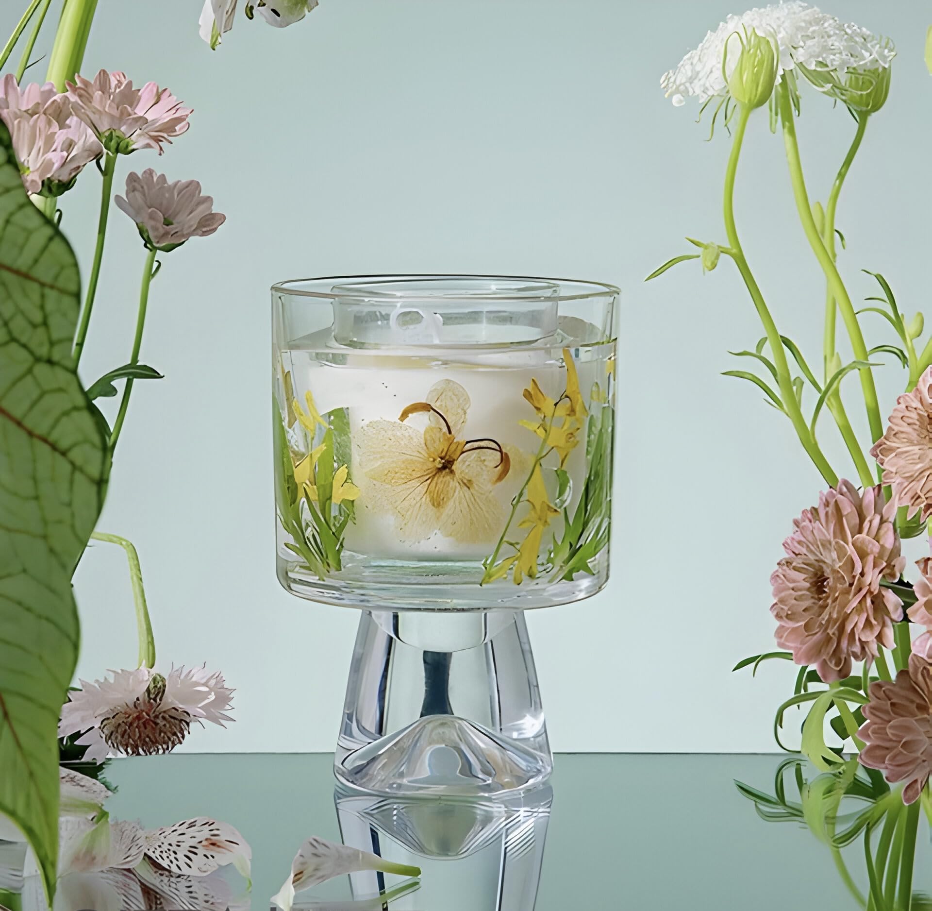 Jelly Gel Wax Candle Set In Crystal Glass Bell Cup With Dried Flower Scented And 2 Refillers