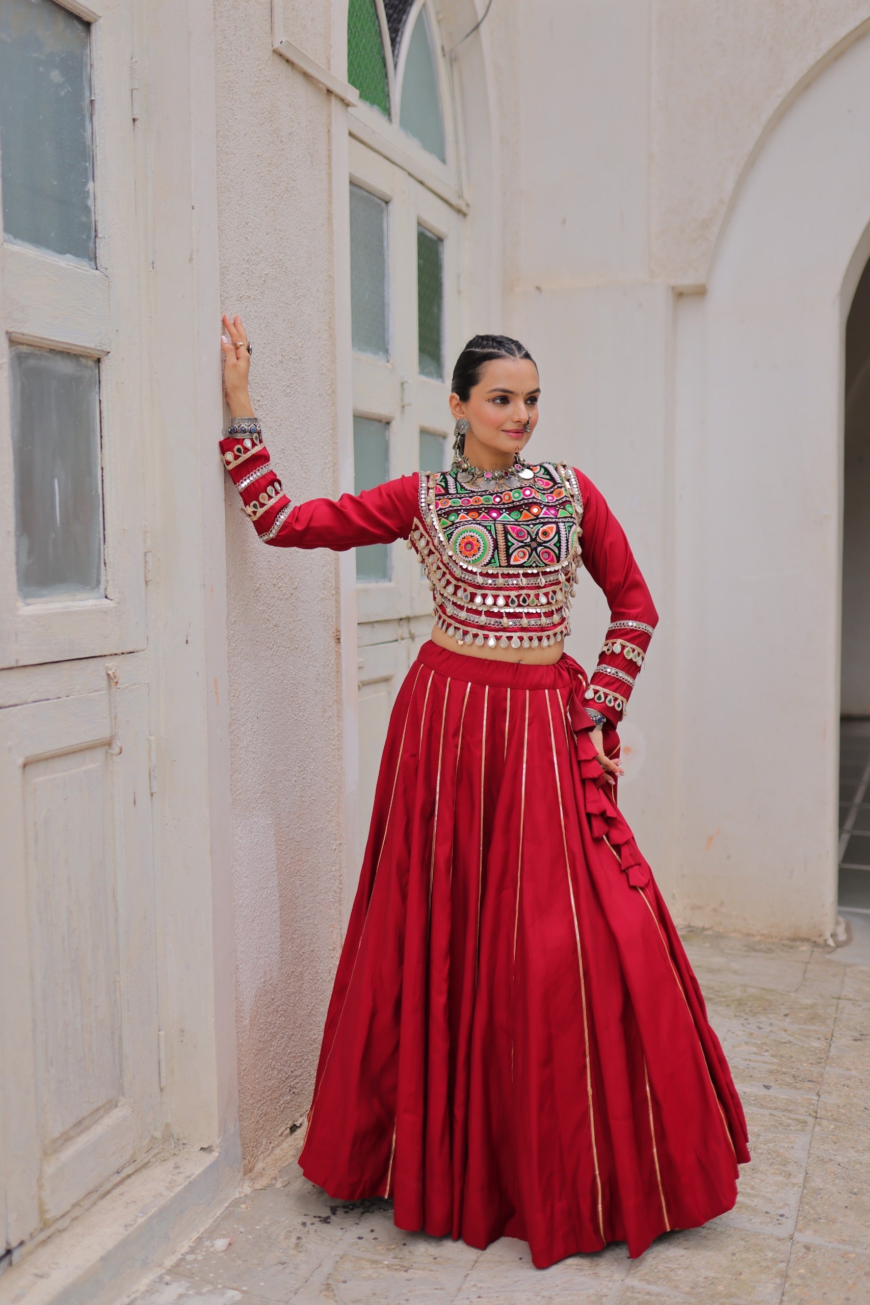 Lorenvalley Fashion Red Roman Silk with Attractive Gota-Patti Lace Lehenga Choli