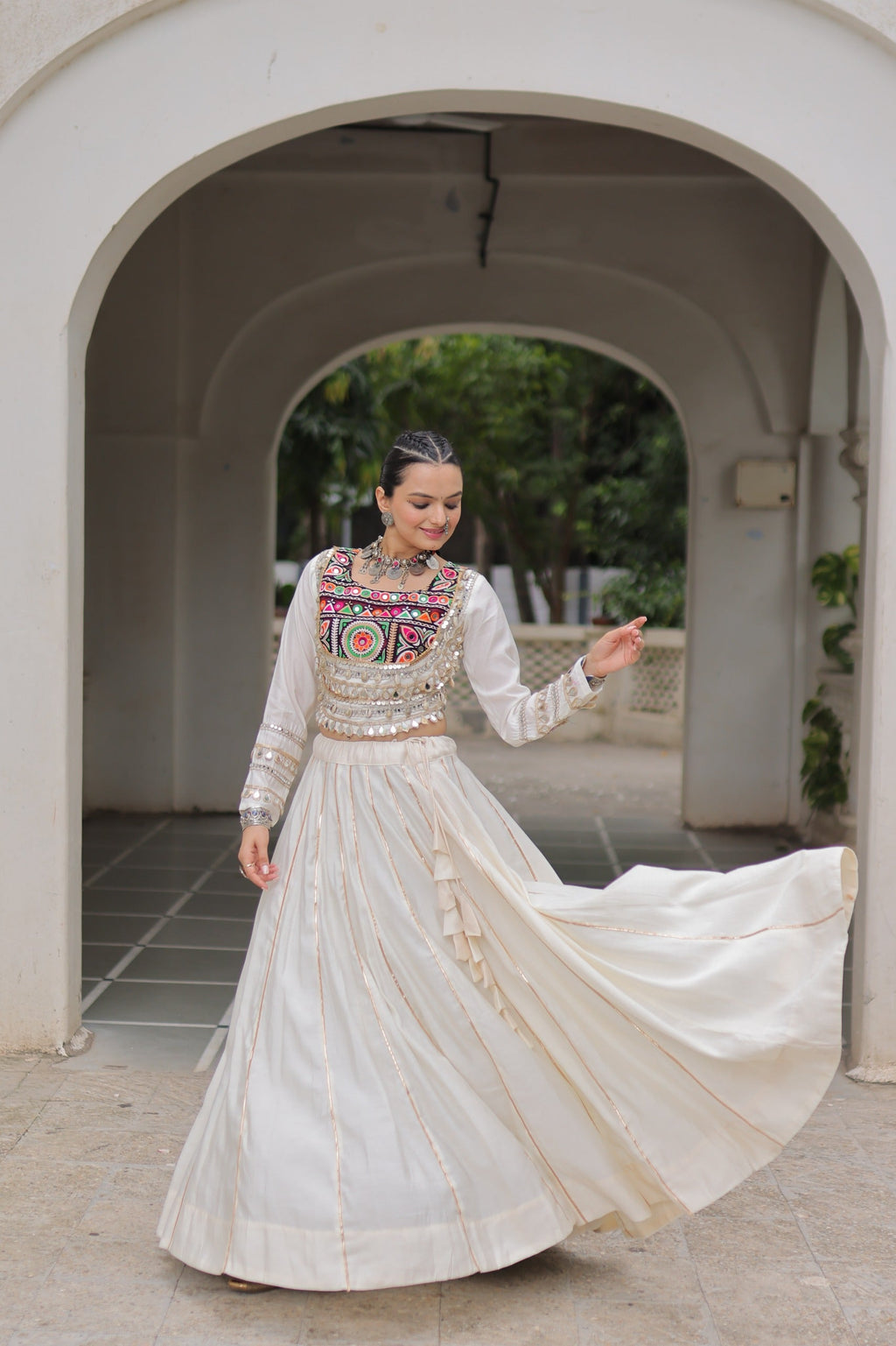 Lorenvalley Fashion White Roman Silk with Attractive Gota-Patti Lace Lehenga Choli