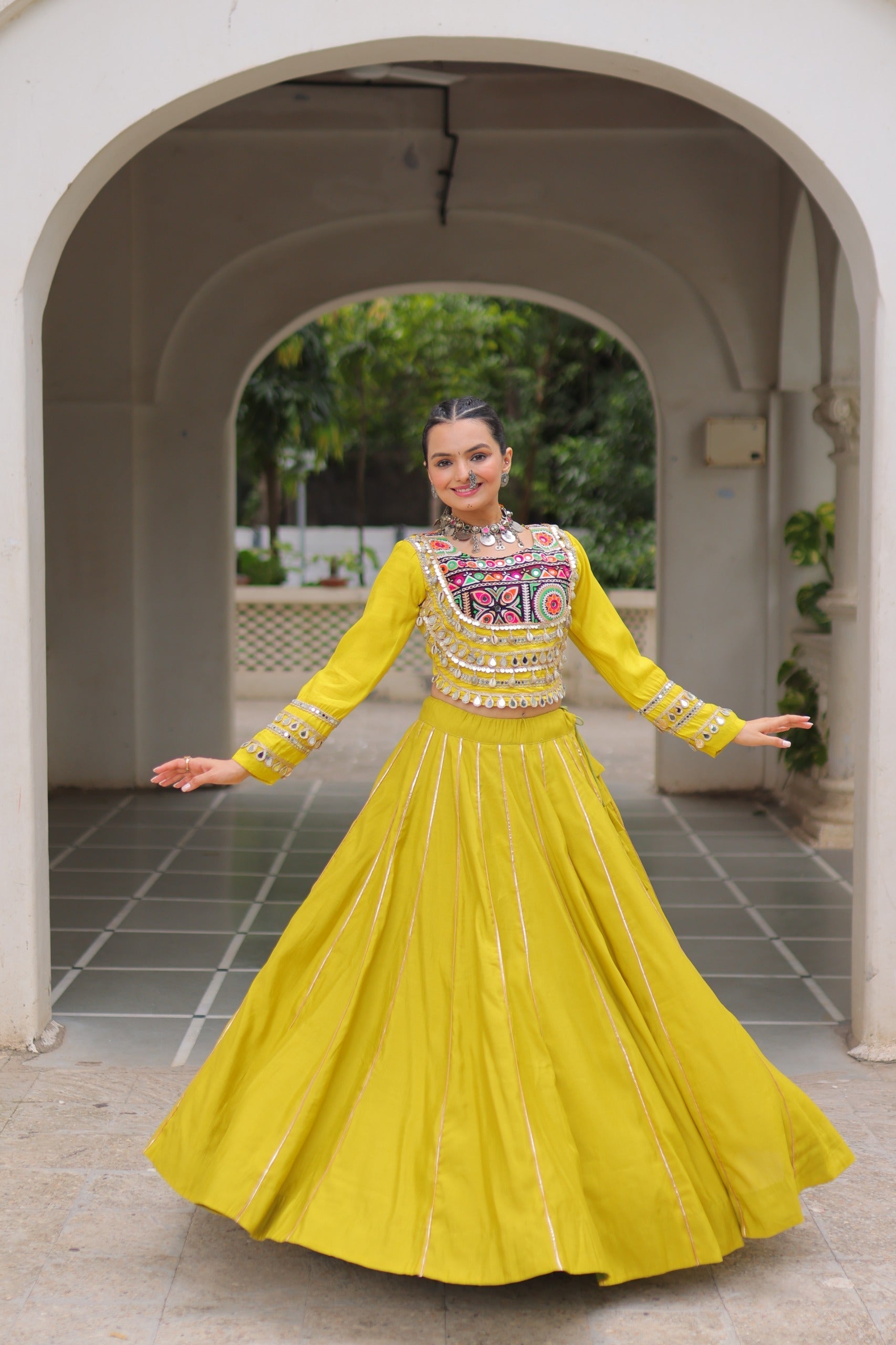 Lorenvalley Fashion Yellow Roman Silk with Attractive Gota-Patti Lace Lehenga Choli