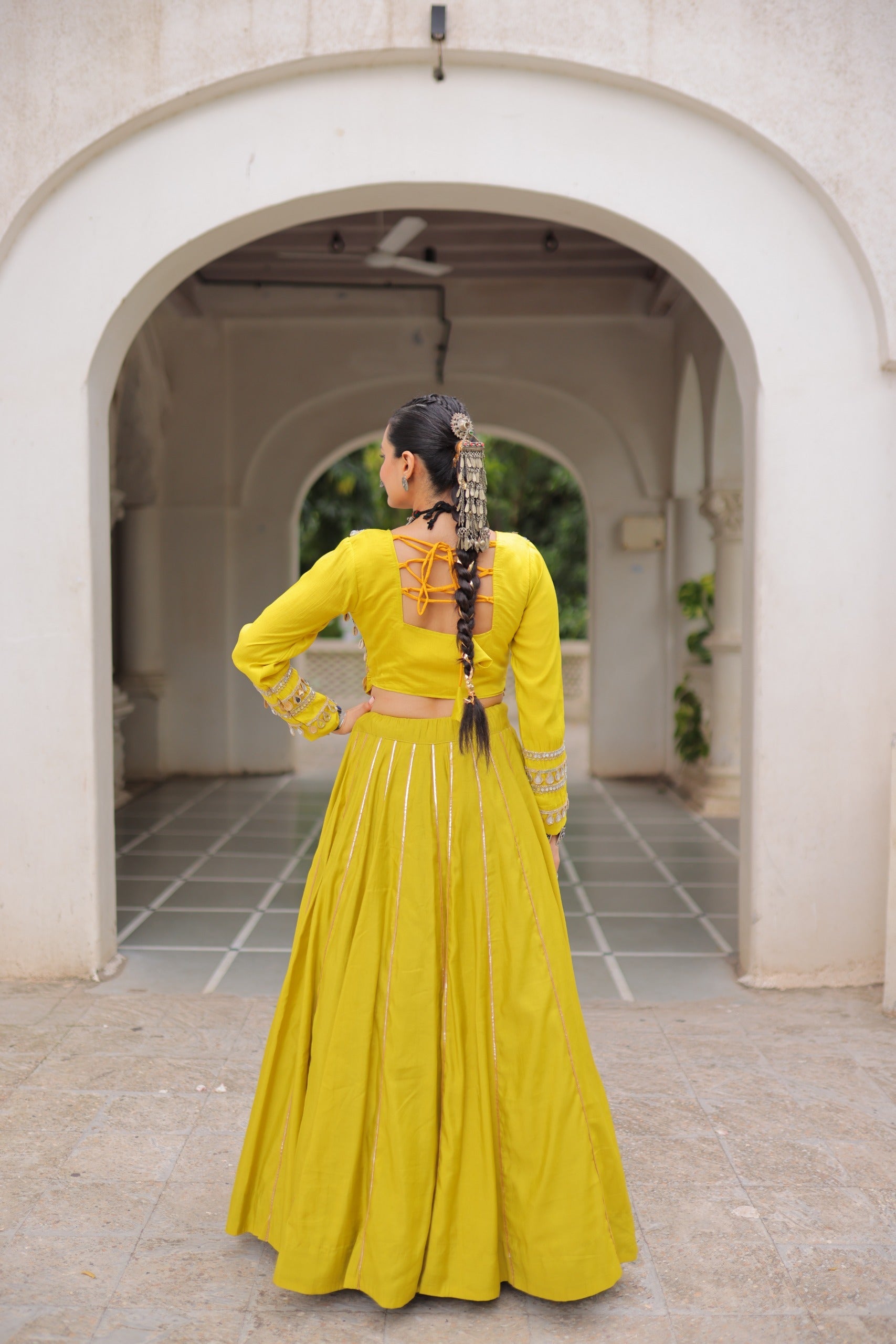 Lorenvalley Fashion Yellow Roman Silk with Attractive Gota-Patti Lace Lehenga Choli