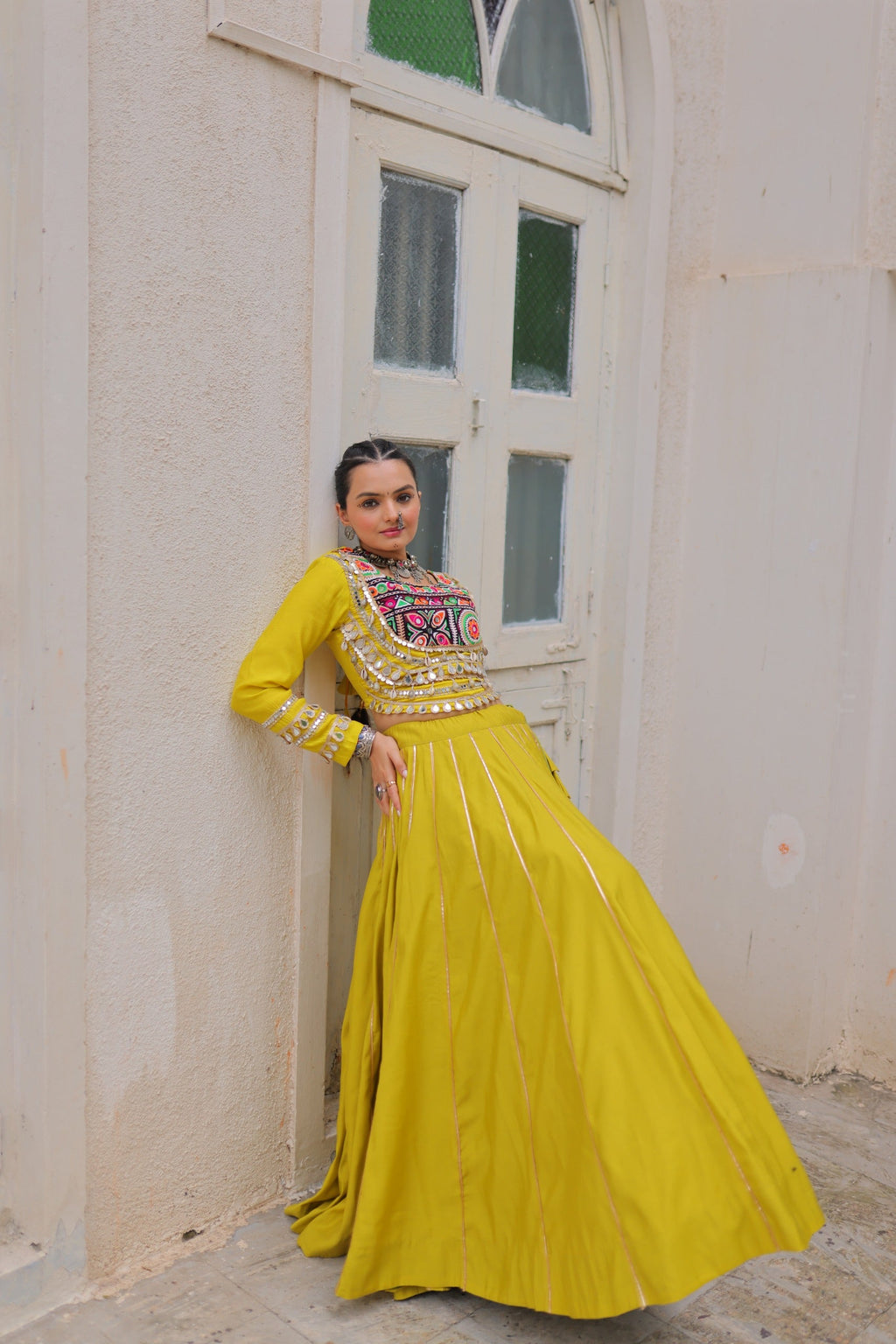 Lorenvalley Fashion Yellow Roman Silk with Attractive Gota-Patti Lace Lehenga Choli