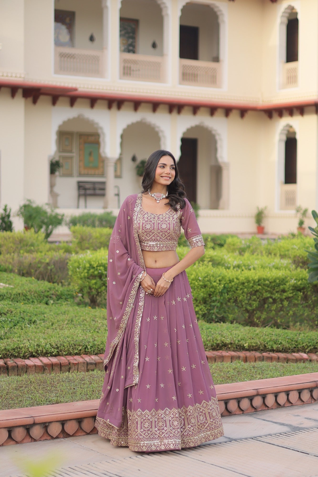 Lorenvalley Fashion Onion Pink Faux Georgette With Sequins & Zari Multi Embroidered work Lehenga Choli with Dupatta