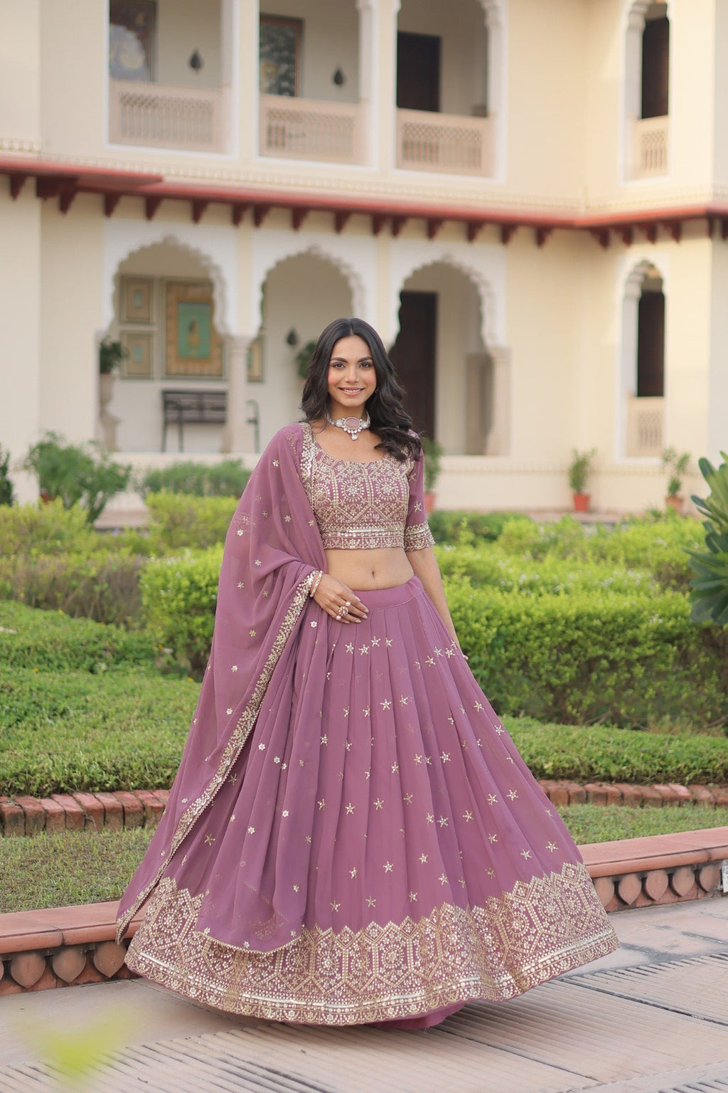 Lorenvalley Fashion Onion Pink Faux Georgette With Sequins & Zari Multi Embroidered work Lehenga Choli with Dupatta