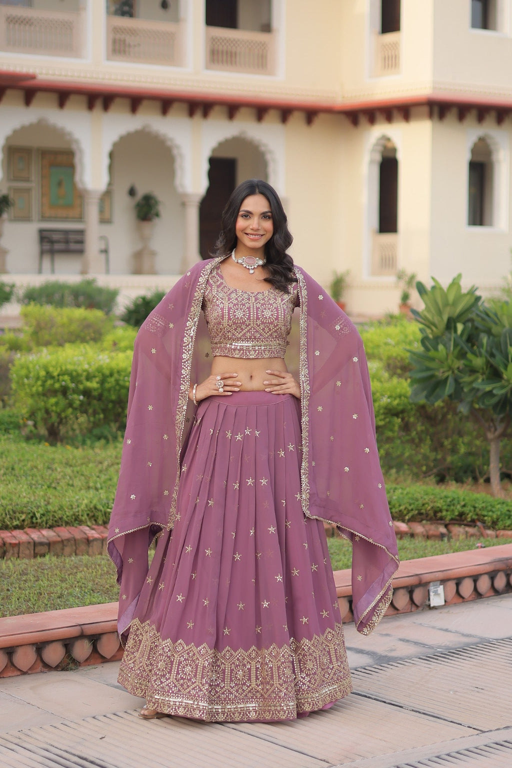 Lorenvalley Fashion Onion Pink Faux Georgette With Sequins & Zari Multi Embroidered work Lehenga Choli with Dupatta