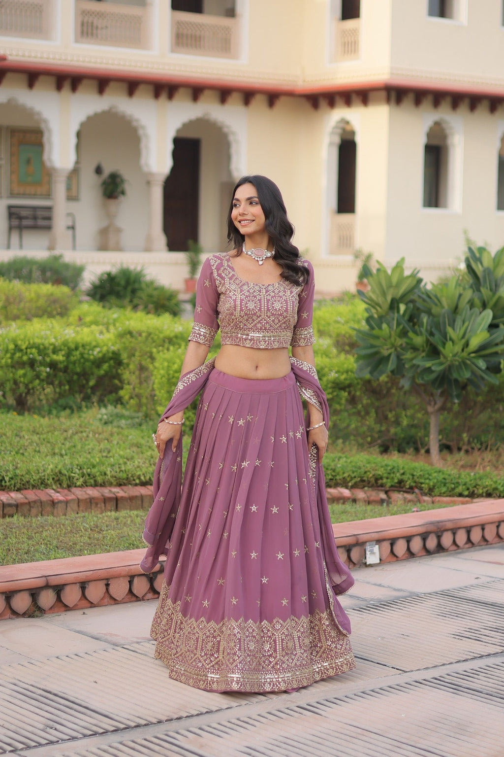 Lorenvalley Fashion Onion Pink Faux Georgette With Sequins & Zari Multi Embroidered work Lehenga Choli with Dupatta
