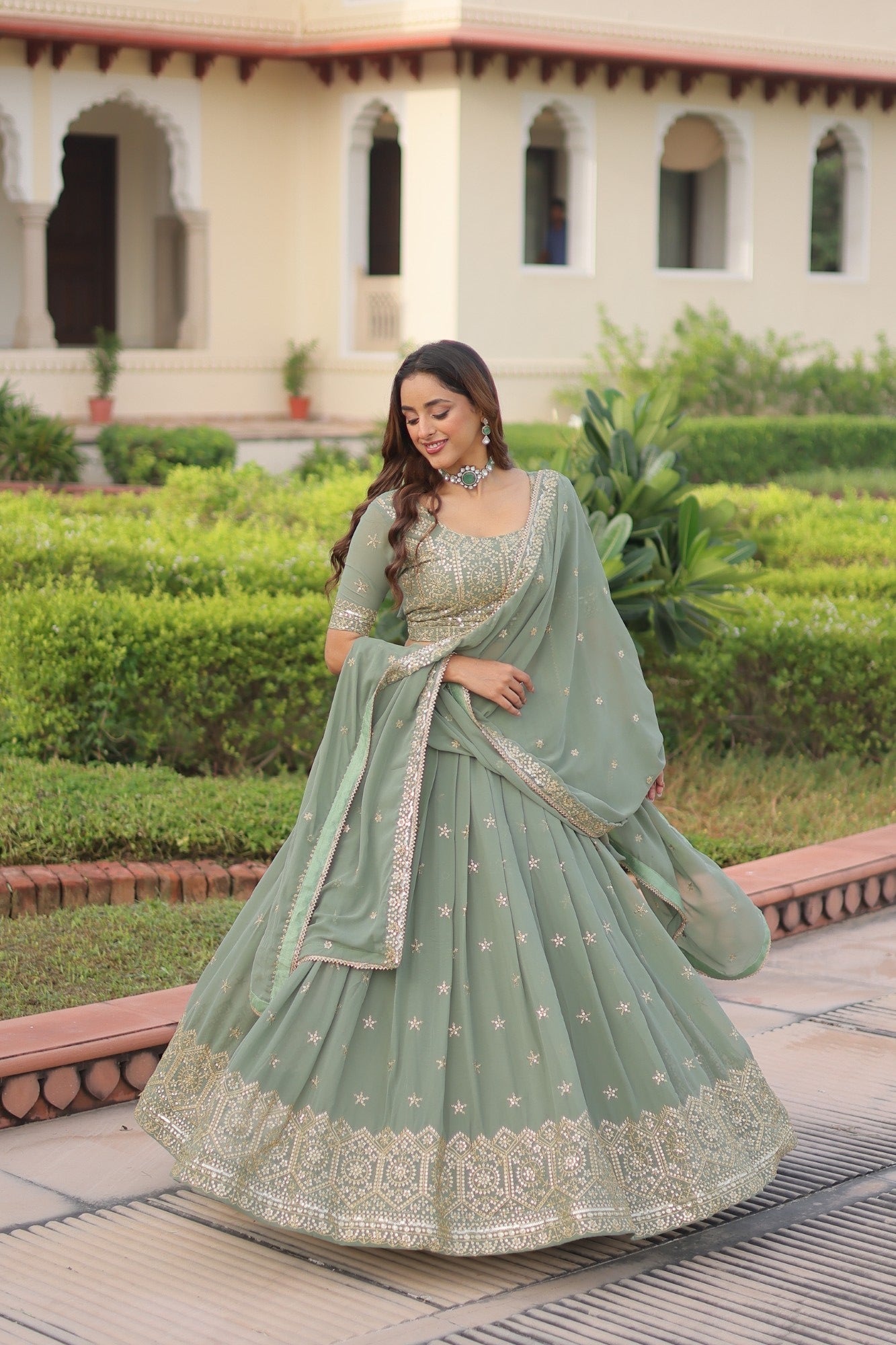 Lorenvalley Fashion Pista Faux Georgette With Sequins & Zari Multi Embroidered work Lehenga Choli with Dupatta