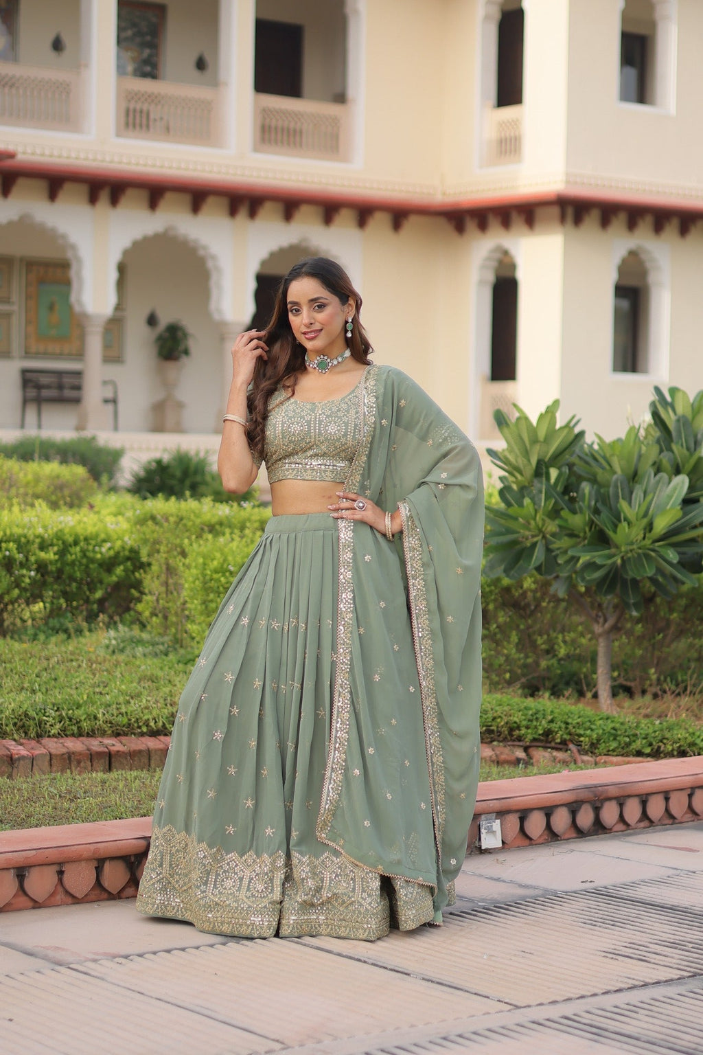 Lorenvalley Fashion Pista Faux Georgette With Sequins & Zari Multi Embroidered work Lehenga Choli with Dupatta
