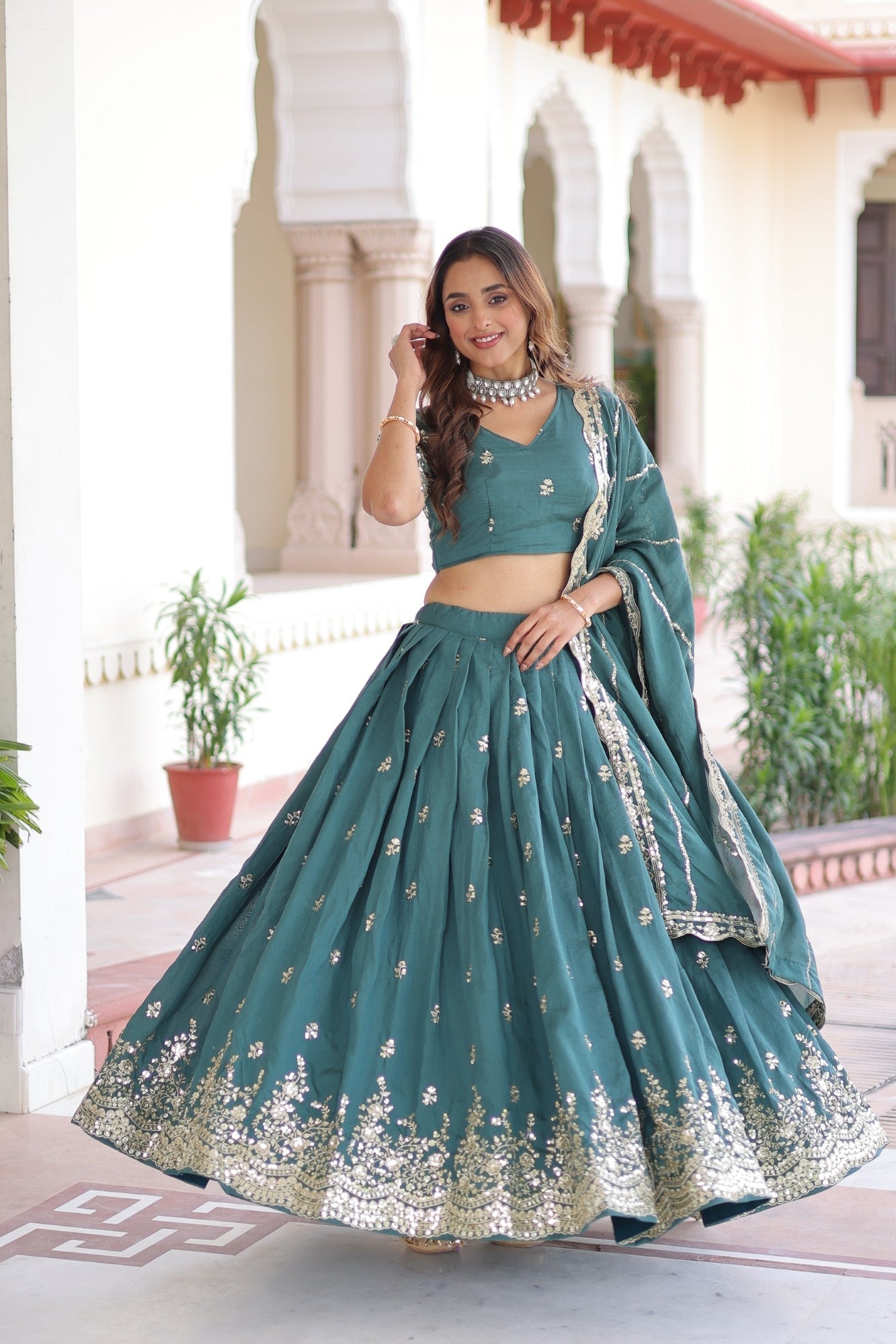 Lorenvalley Fashion Rama Vichitra Silk With Sequins & Zari Multi Embroidered work Lehenga Choli with Dupatta