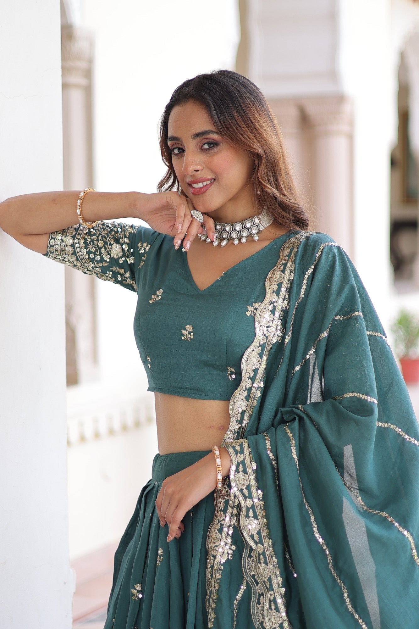 Lorenvalley Fashion Rama Vichitra Silk With Sequins & Zari Multi Embroidered work Lehenga Choli with Dupatta