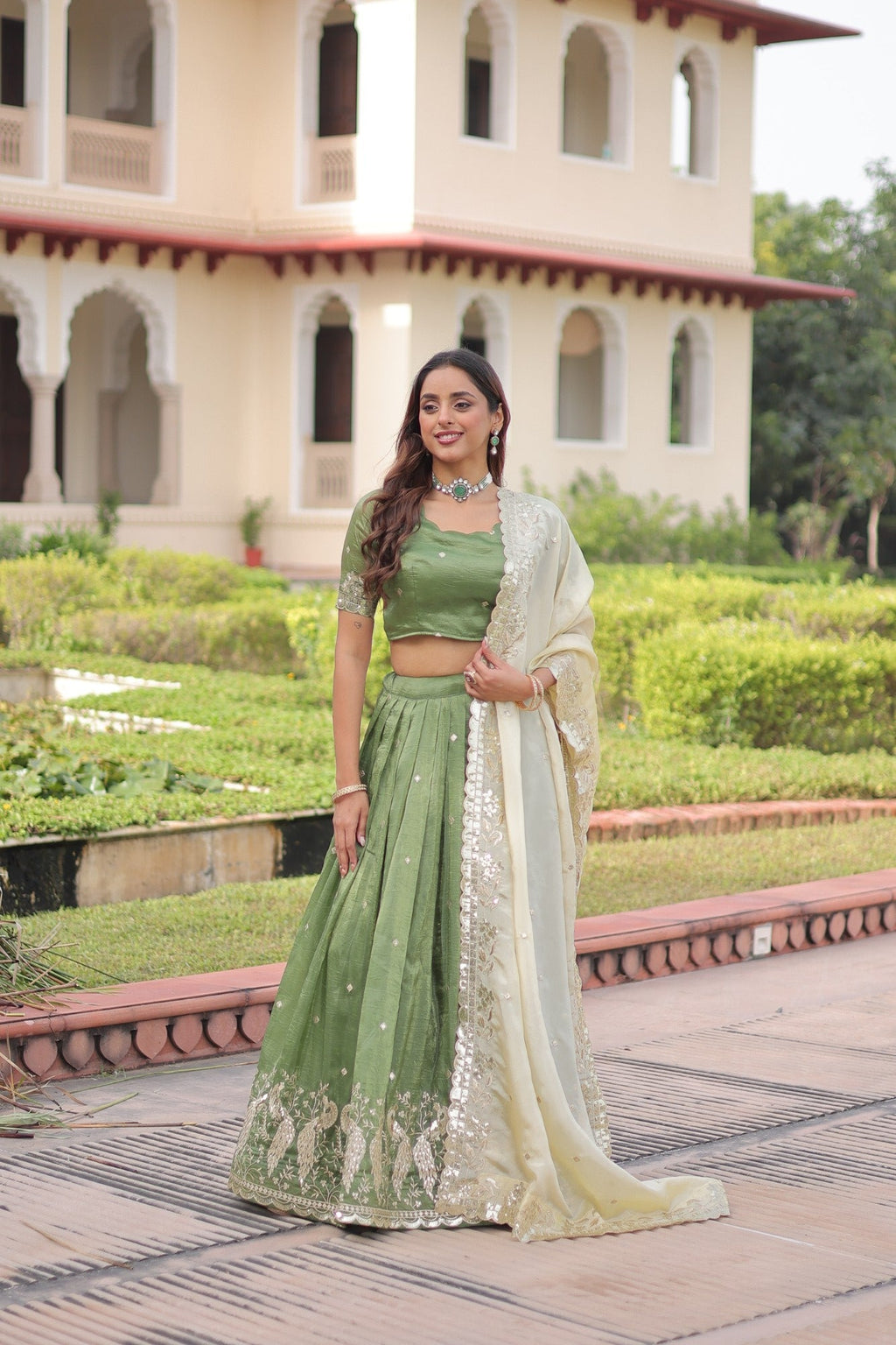 Lorenvalley Fashion Parrot Green Gold Crush with Sequins & Zari Embroidered Work Lehenga Choli with Dupatta