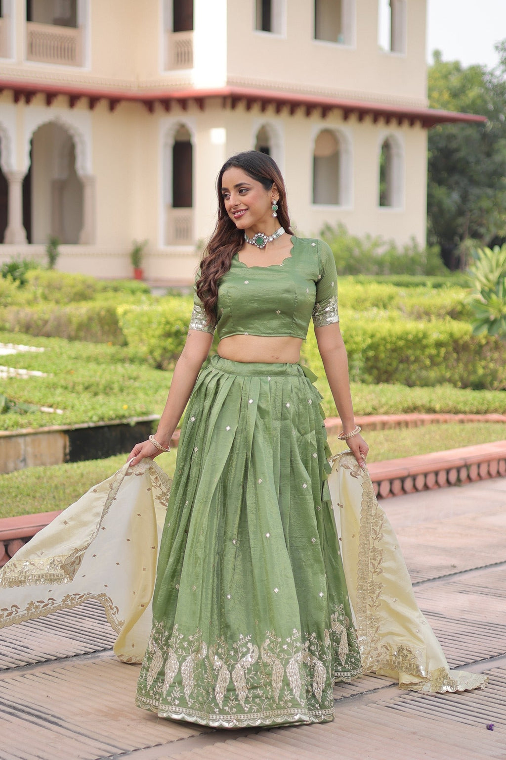 Lorenvalley Fashion Parrot Green Gold Crush with Sequins & Zari Embroidered Work Lehenga Choli with Dupatta