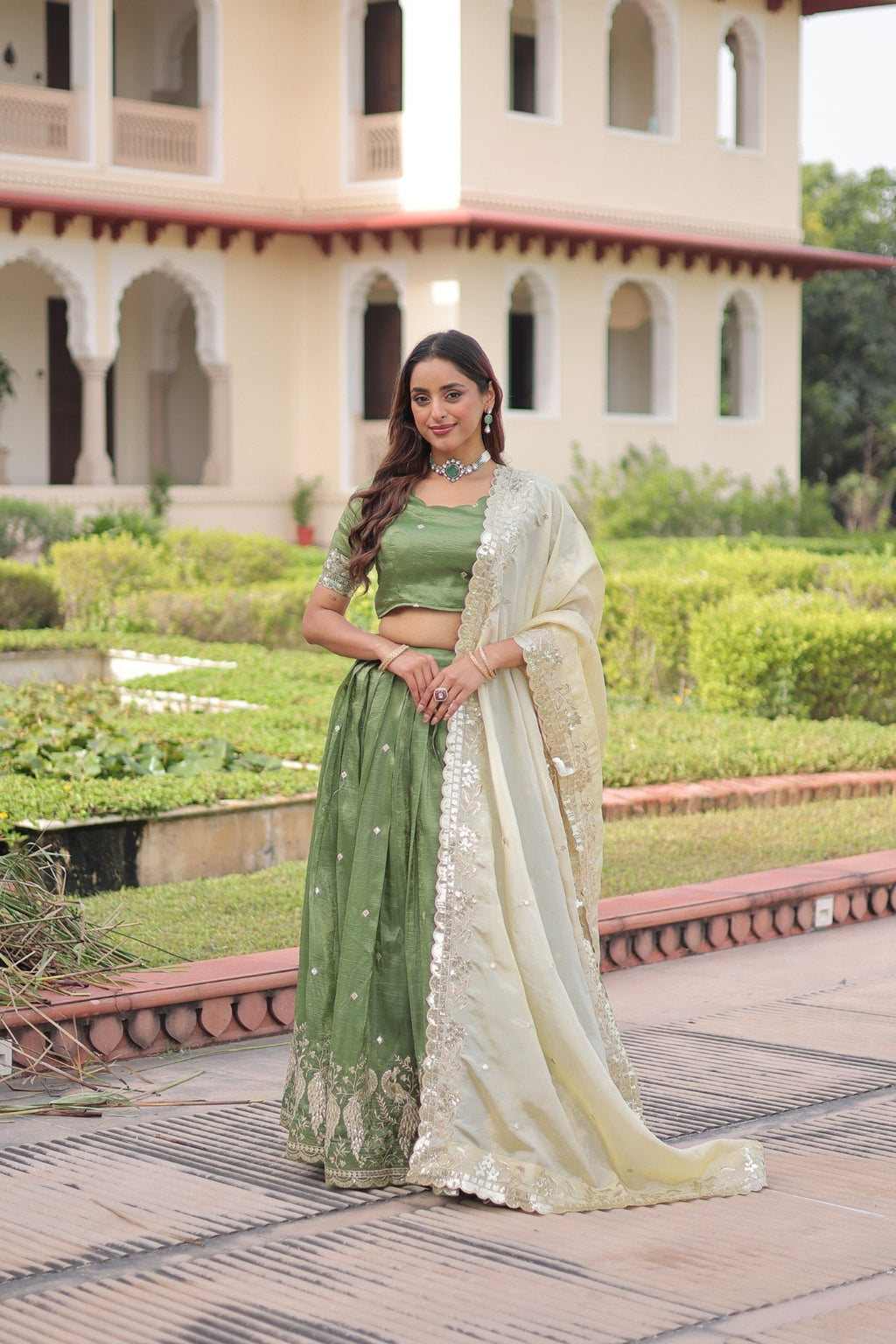 Lorenvalley Fashion Parrot Green Gold Crush with Sequins & Zari Embroidered Work Lehenga Choli with Dupatta