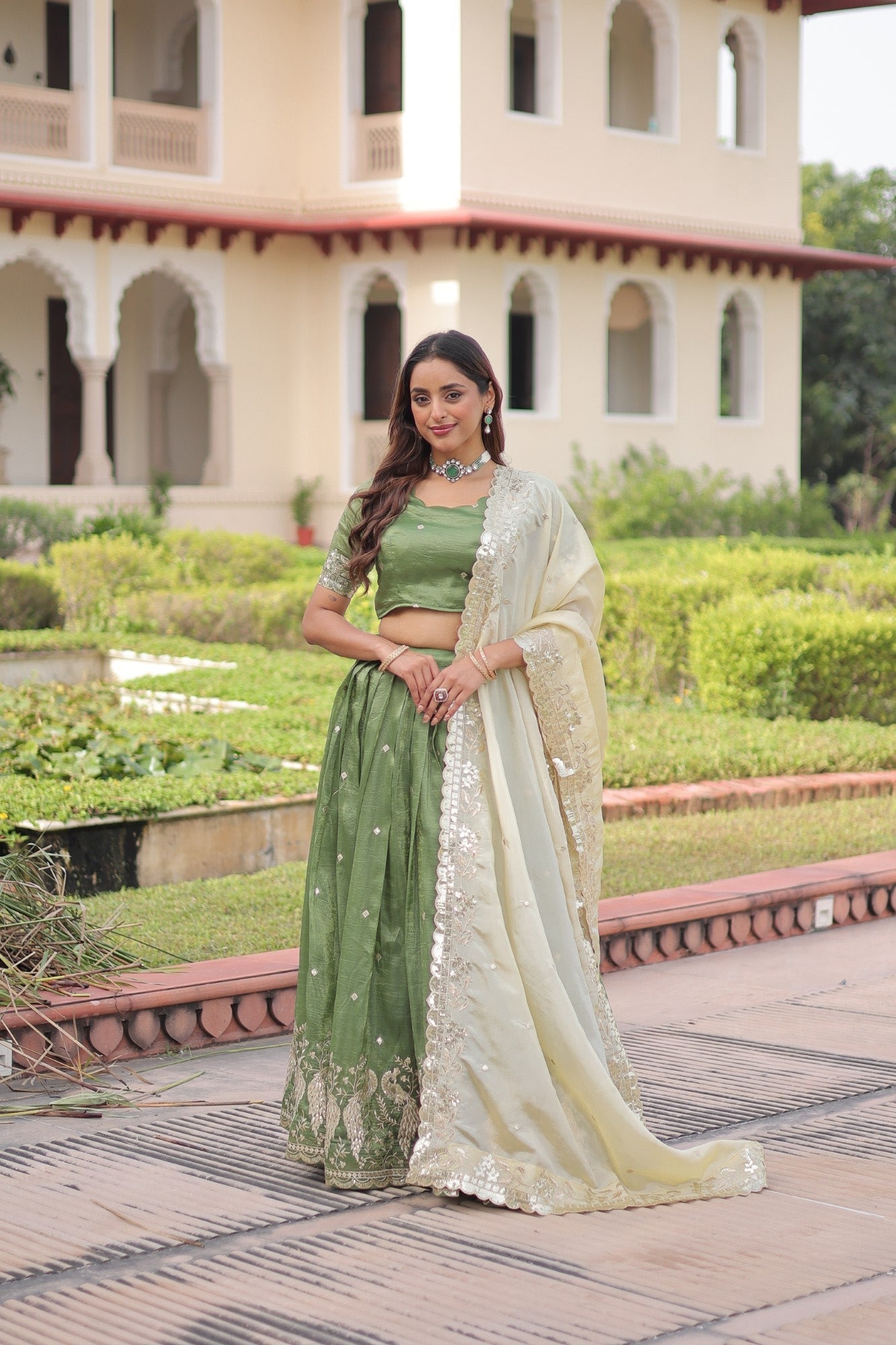 Lorenvalley Fashion Parrot Green Gold Crush with Sequins & Zari Embroidered Work Lehenga Choli with Dupatta
