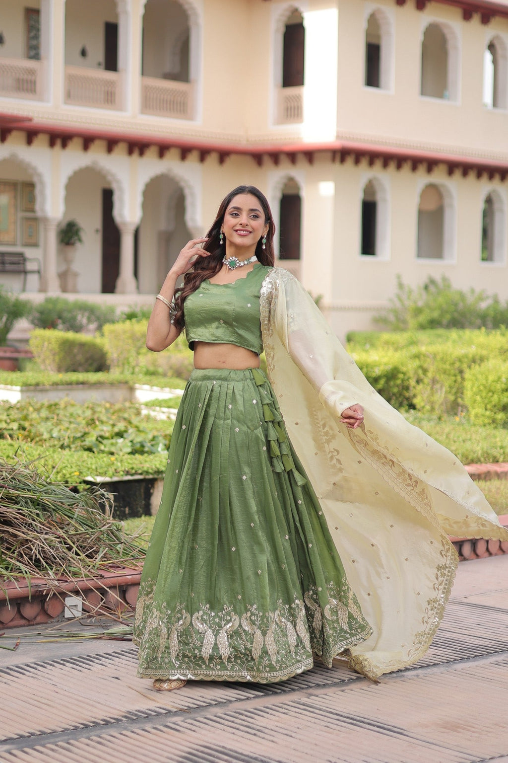 Lorenvalley Fashion Parrot Green Gold Crush with Sequins & Zari Embroidered Work Lehenga Choli with Dupatta