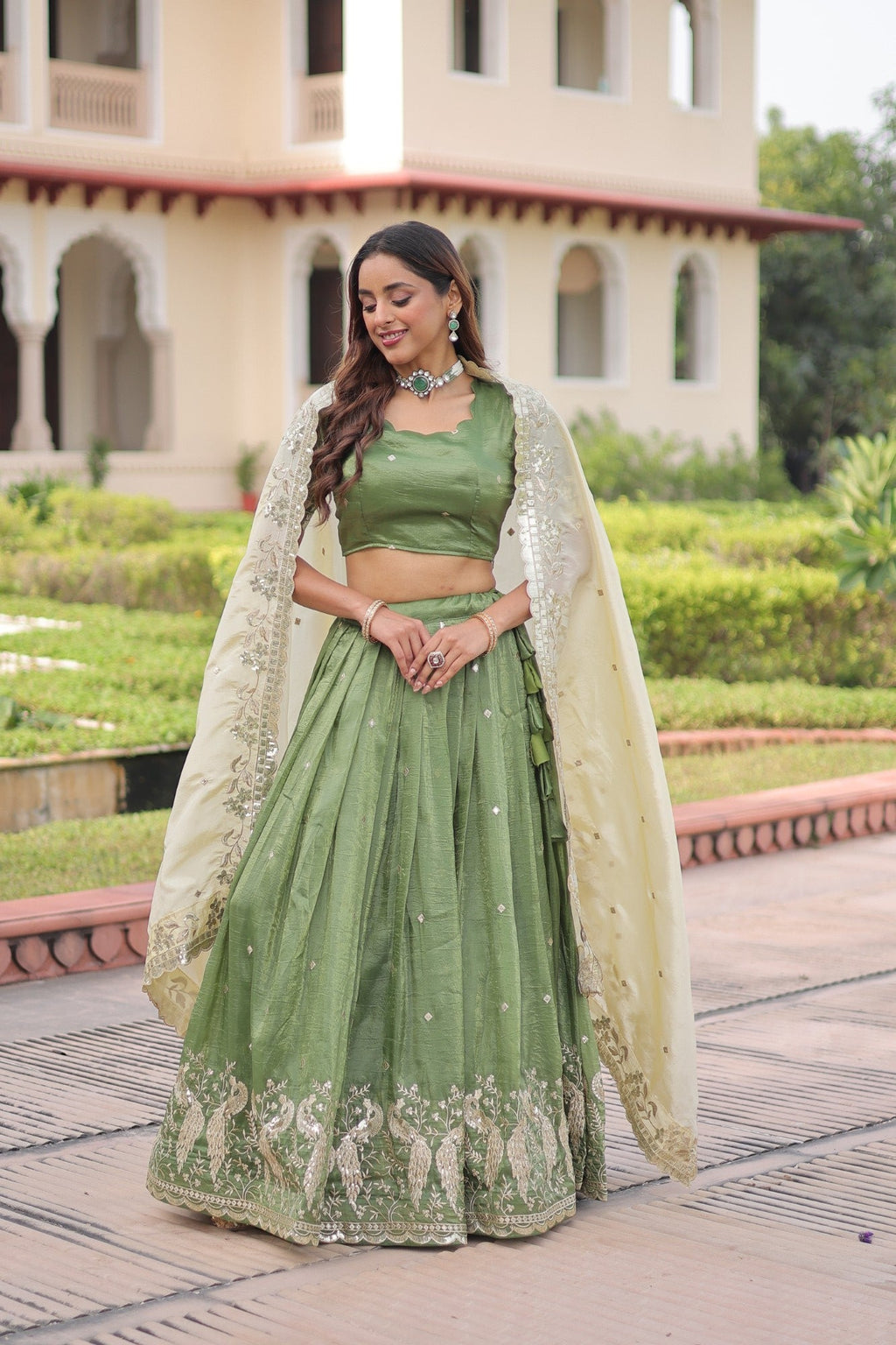 Lorenvalley Fashion Parrot Green Gold Crush with Sequins & Zari Embroidered Work Lehenga Choli with Dupatta