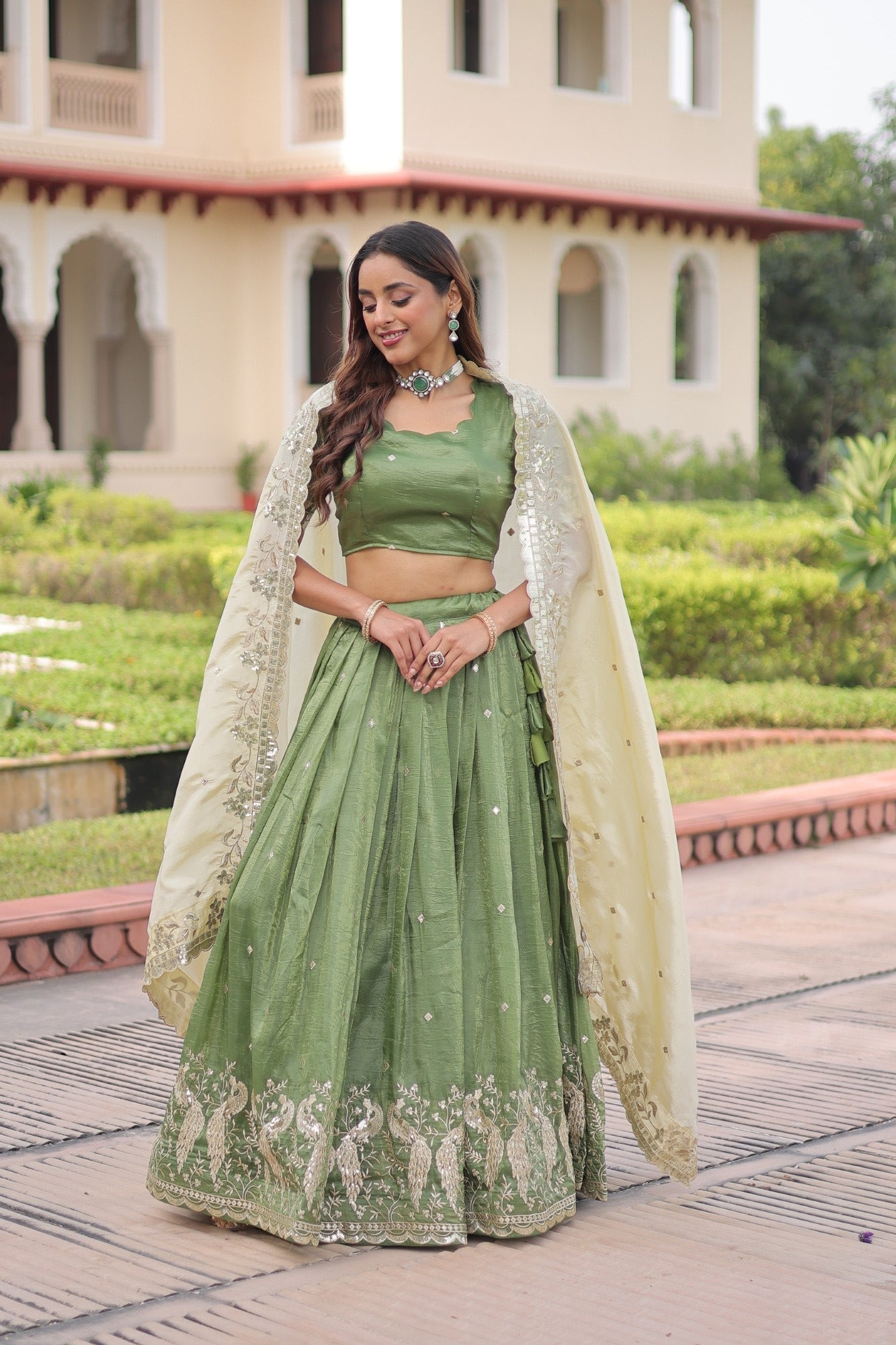 Lorenvalley Fashion Parrot Green Gold Crush with Sequins & Zari Embroidered Work Lehenga Choli with Dupatta