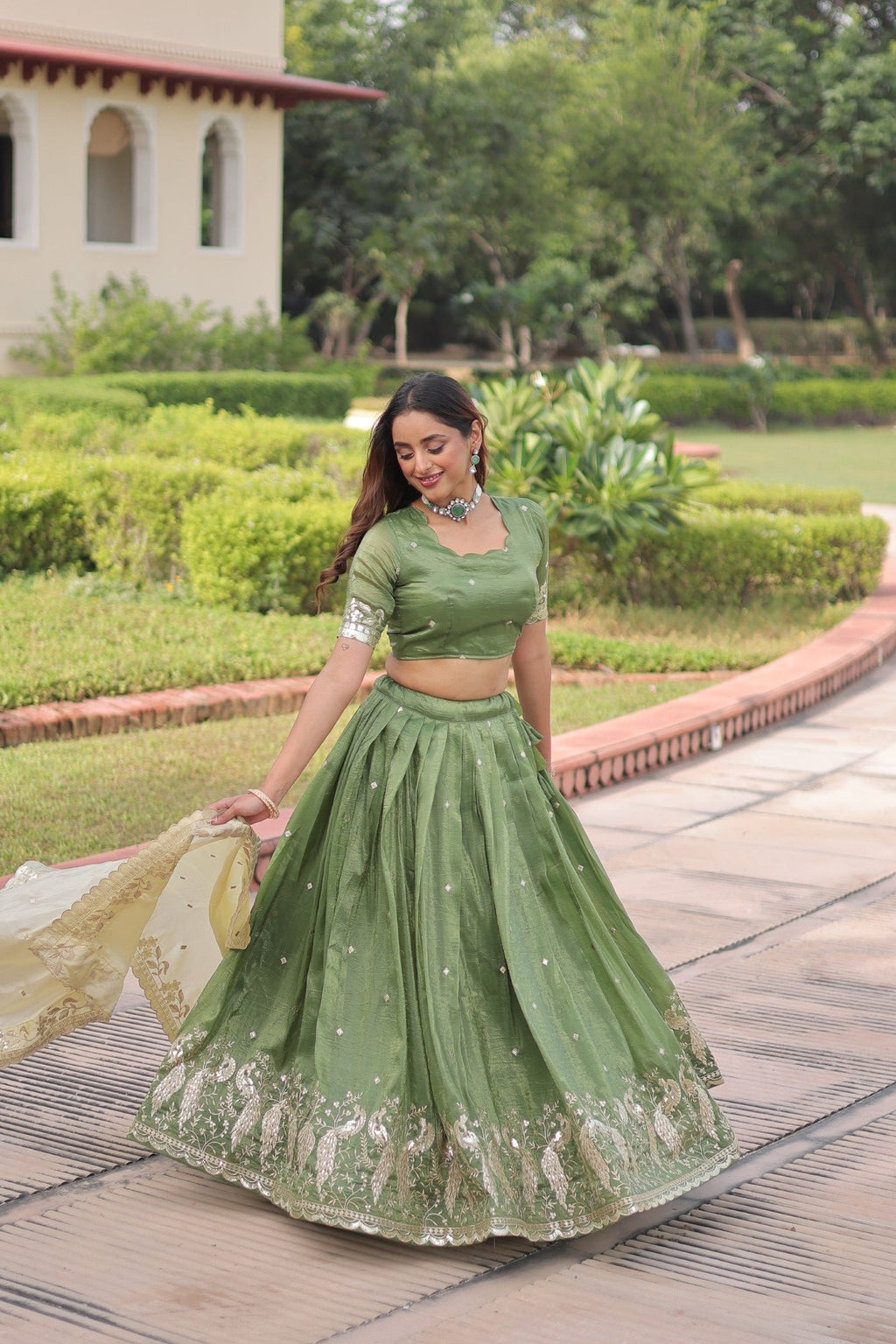 Lorenvalley Fashion Parrot Green Gold Crush with Sequins & Zari Embroidered Work Lehenga Choli with Dupatta
