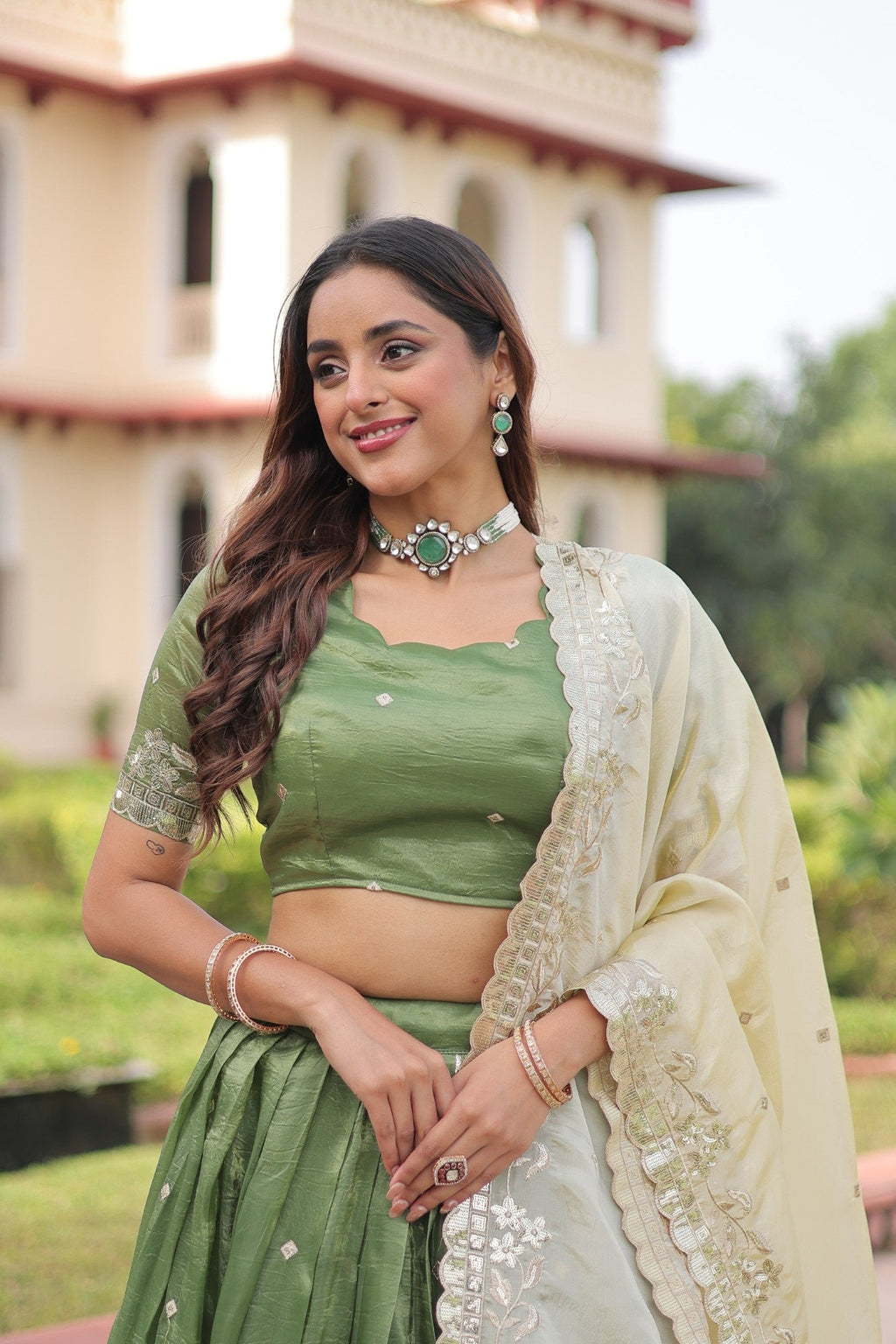 Lorenvalley Fashion Parrot Green Gold Crush with Sequins & Zari Embroidered Work Lehenga Choli with Dupatta