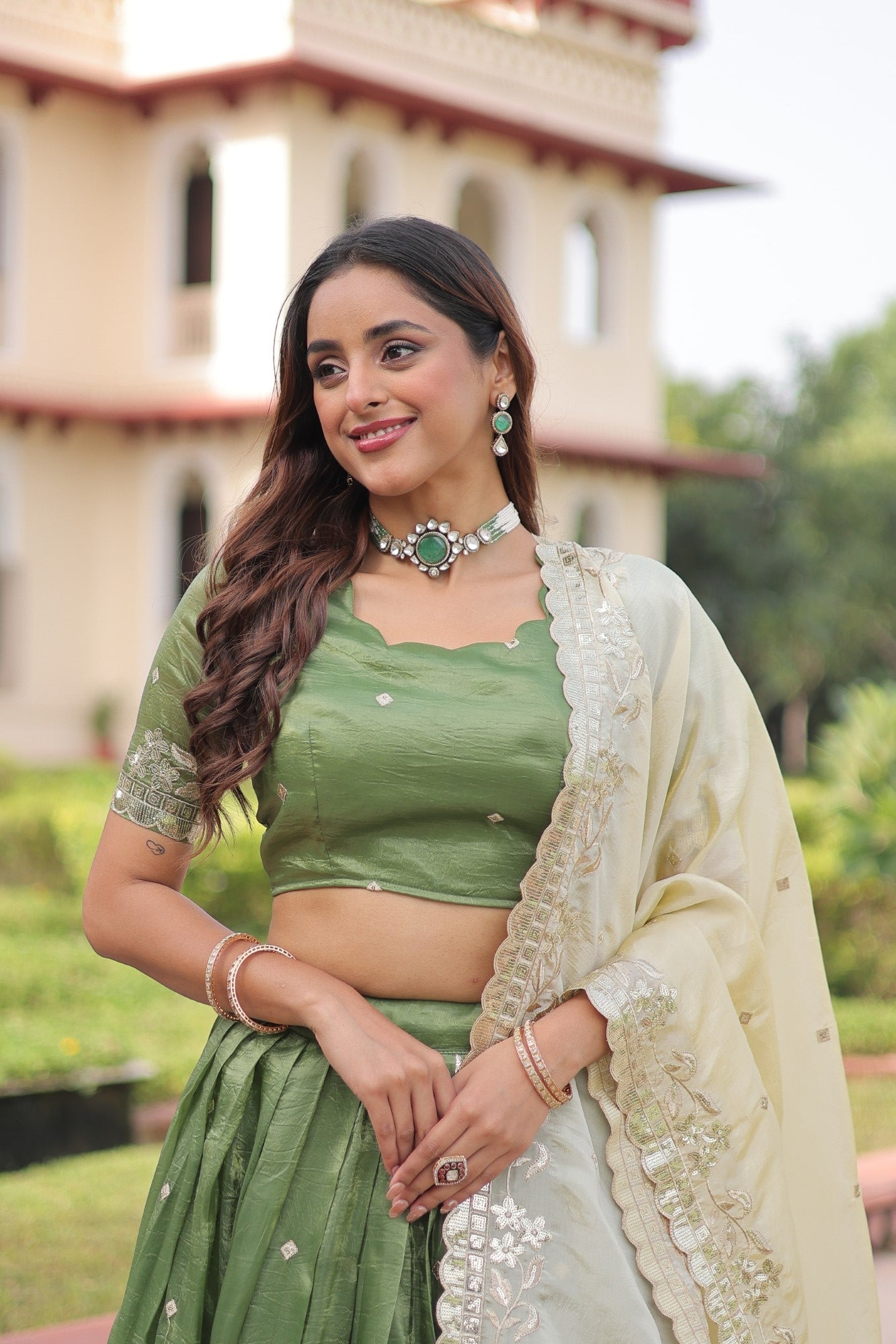 Lorenvalley Fashion Parrot Green Gold Crush with Sequins & Zari Embroidered Work Lehenga Choli with Dupatta
