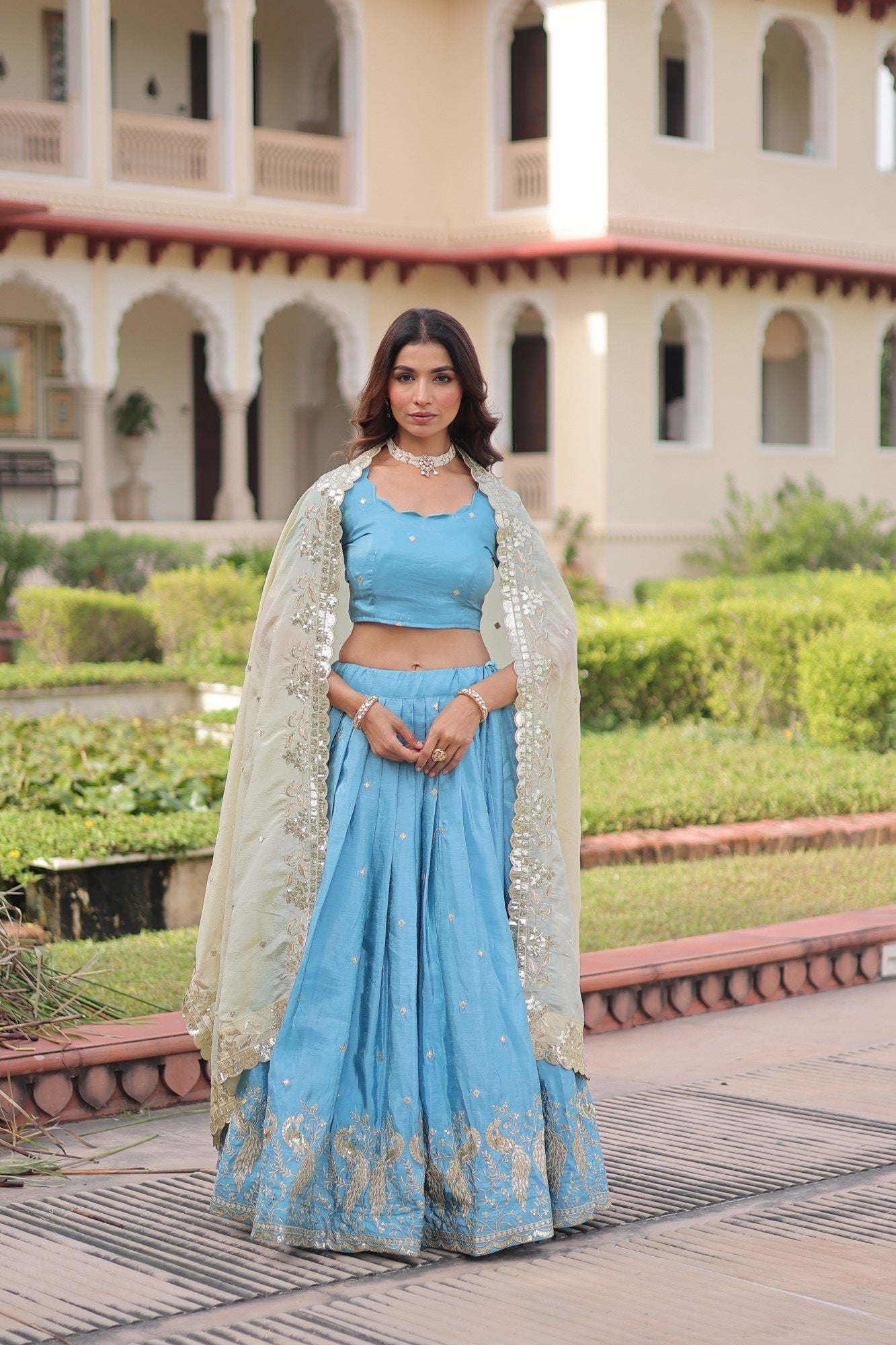 Lorenvalley Fashion Skyblue Gold Crush with Sequins & Zari Embroidered Work Lehenga Choli with Dupatta