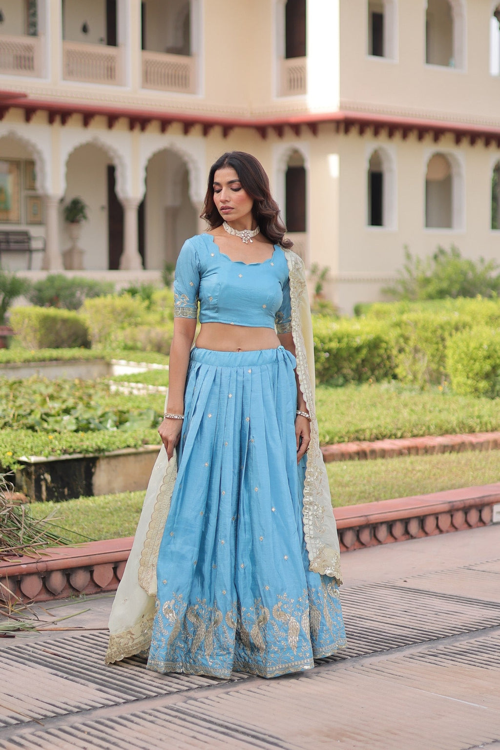 Lorenvalley Fashion Skyblue Gold Crush with Sequins & Zari Embroidered Work Lehenga Choli with Dupatta
