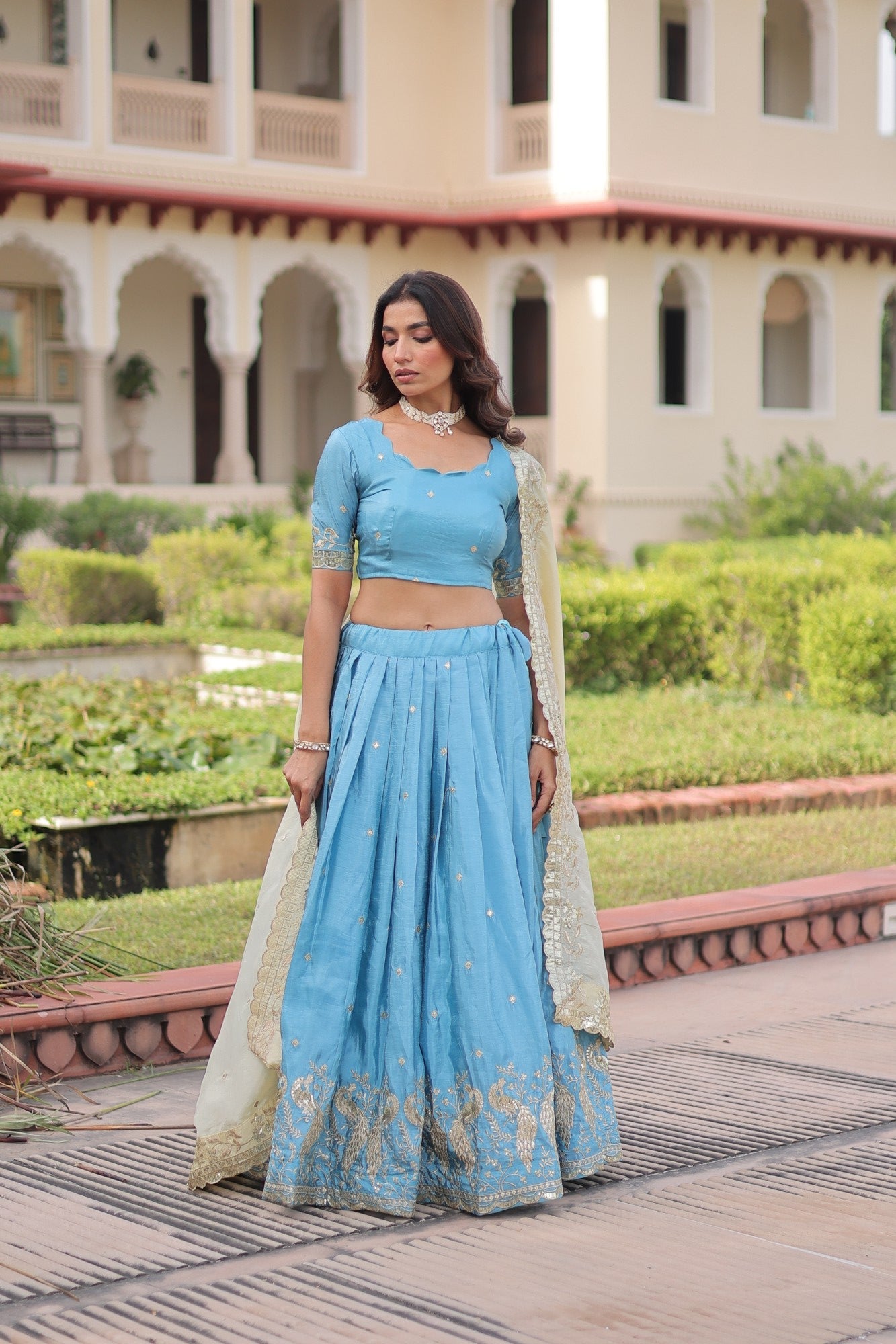 Lorenvalley Fashion Skyblue Gold Crush with Sequins & Zari Embroidered Work Lehenga Choli with Dupatta
